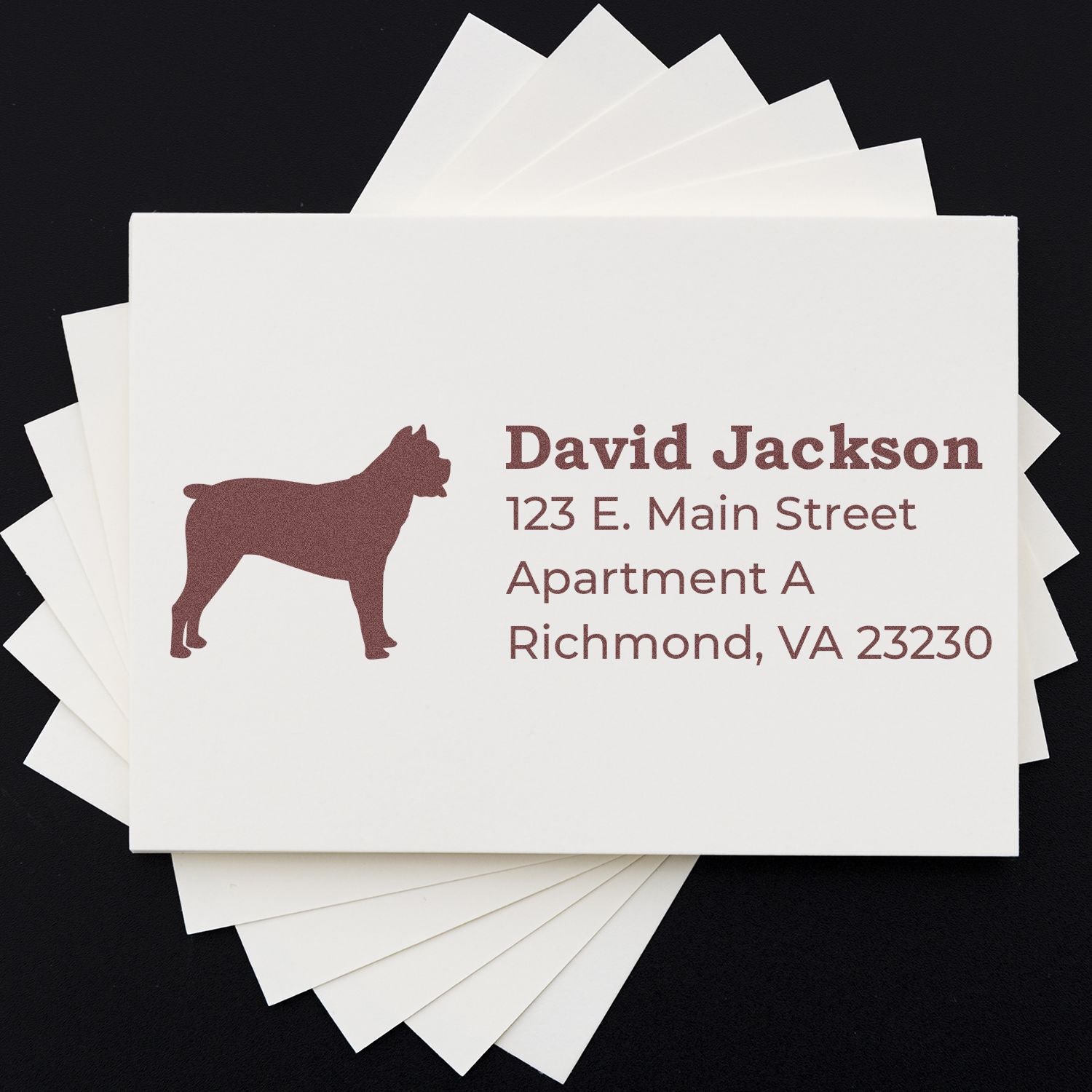 Custom dog address rubber stamp with personalized return address for mailing envelopes.