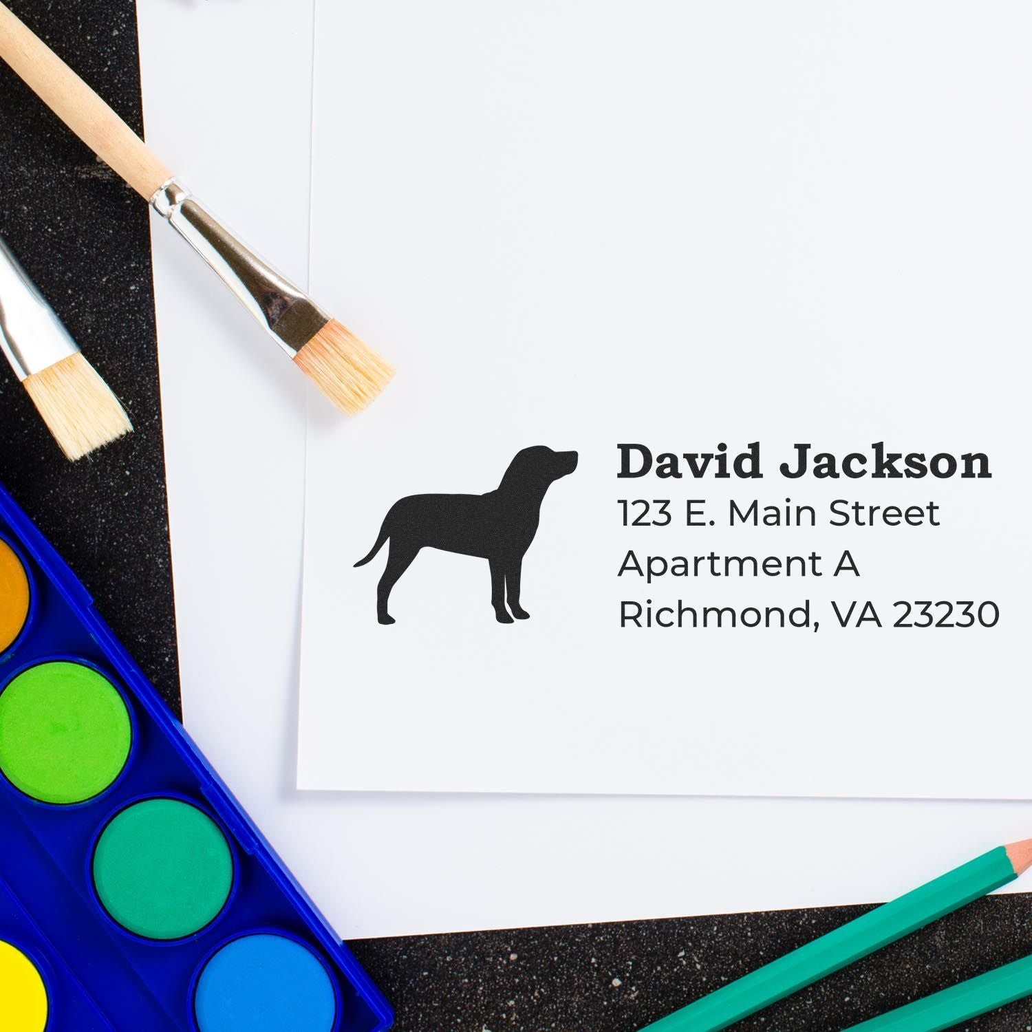Custom dog address rubber stamp for pet lovers with name and Richmond, VA mailing address.