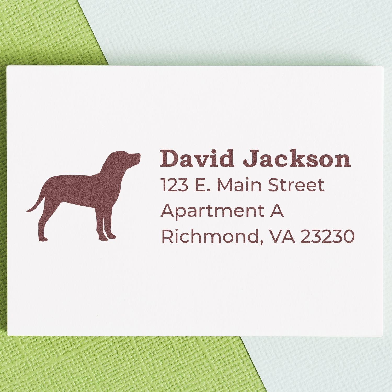 Custom dog return address rubber stamp with personalized name and mailing address for David Jackson in Richmond, VA.
