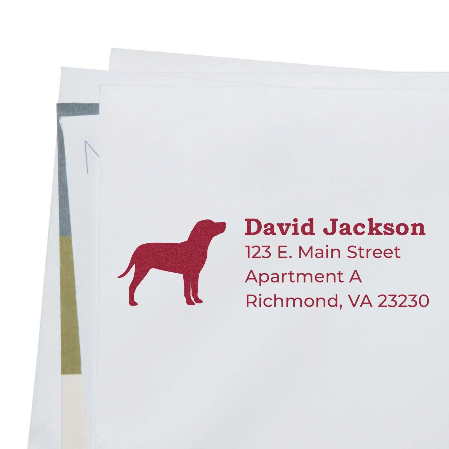 Personalized dog return address rubber stamp for envelopes with name, street address, and Richmond, VA mailing label