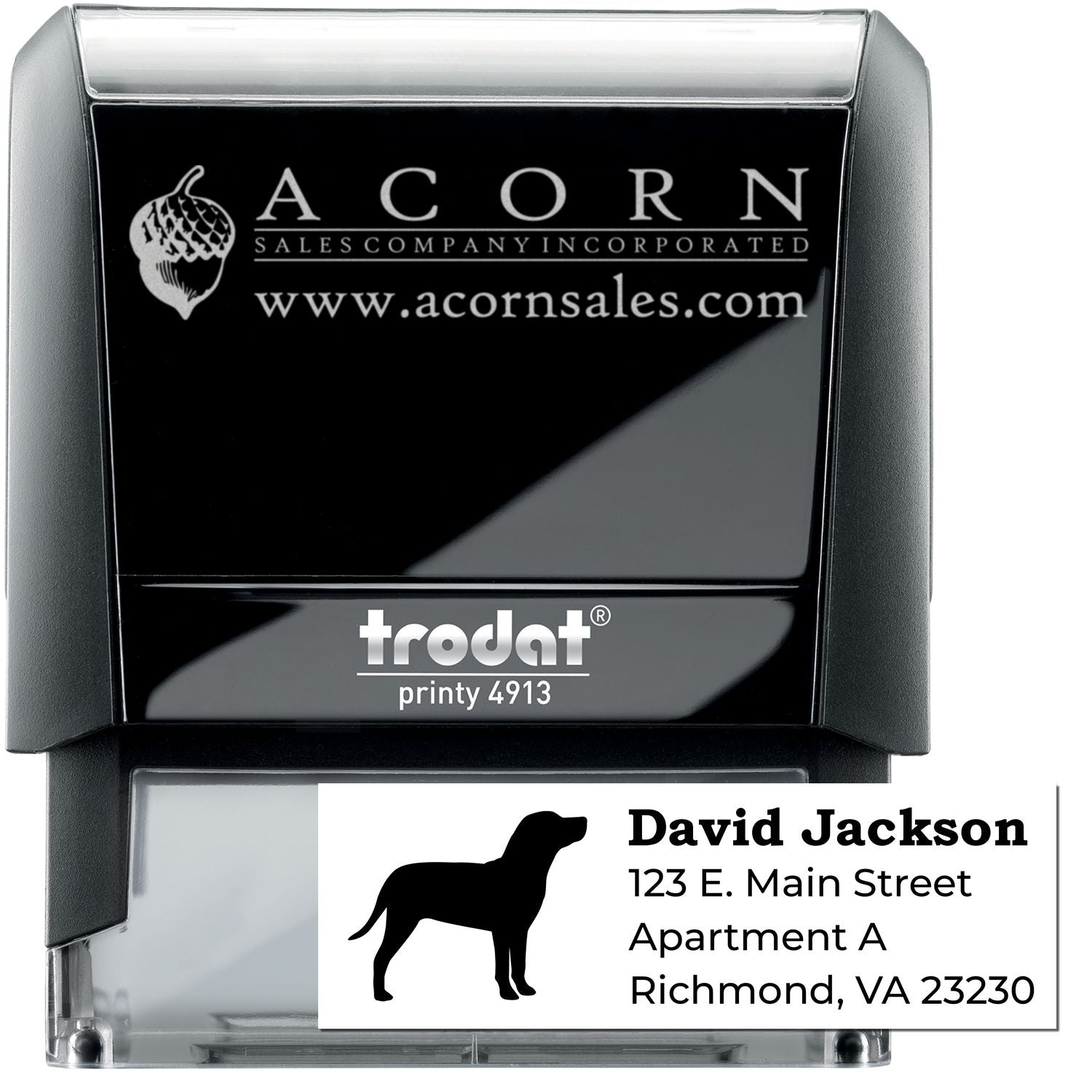 Trodat Printy 4913 custom self-inking rubber stamp with business logo and address for branding and mailing.