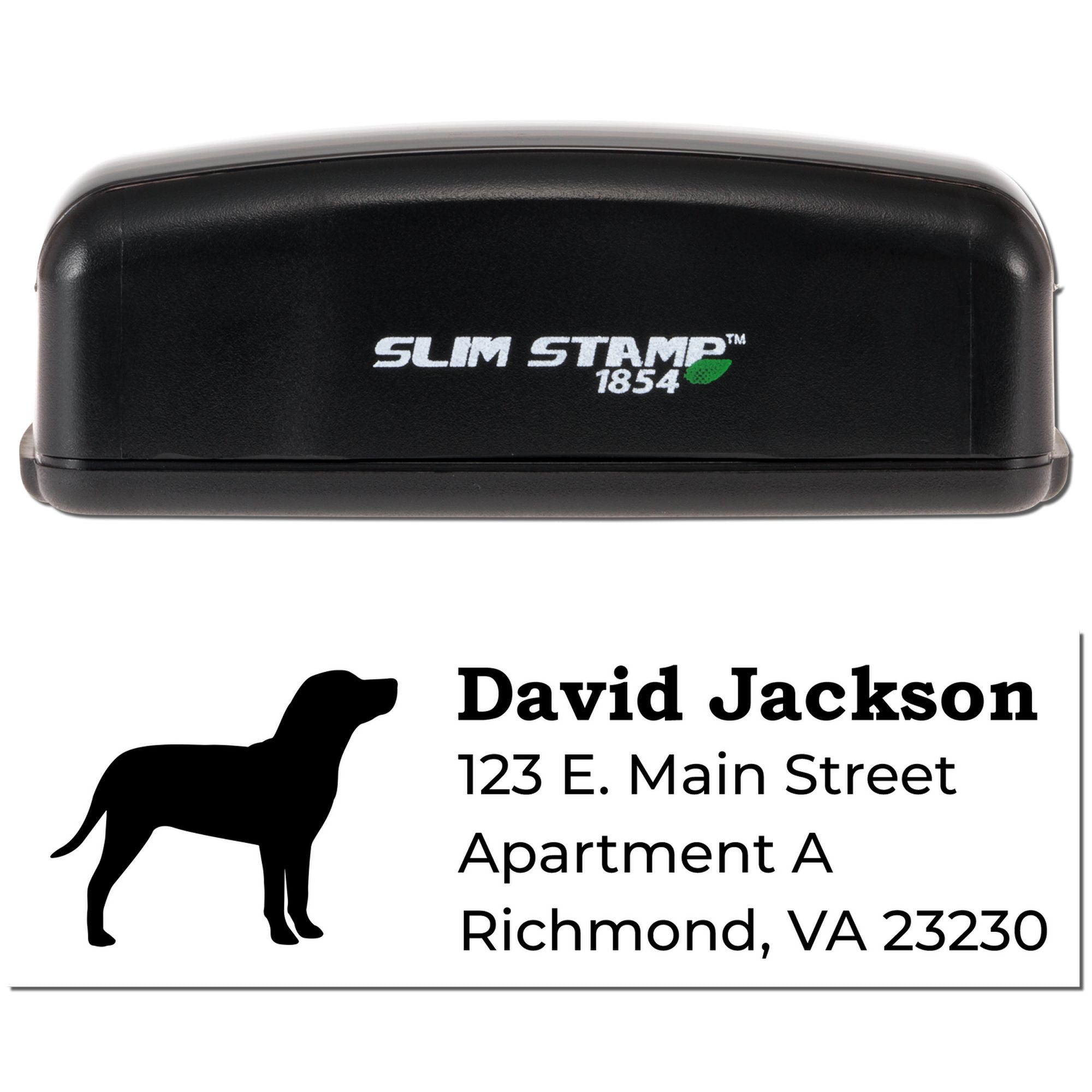 Personalized rubber address stamp with dog silhouette, David Jackson name, and Richmond, VA 23230 return address.
