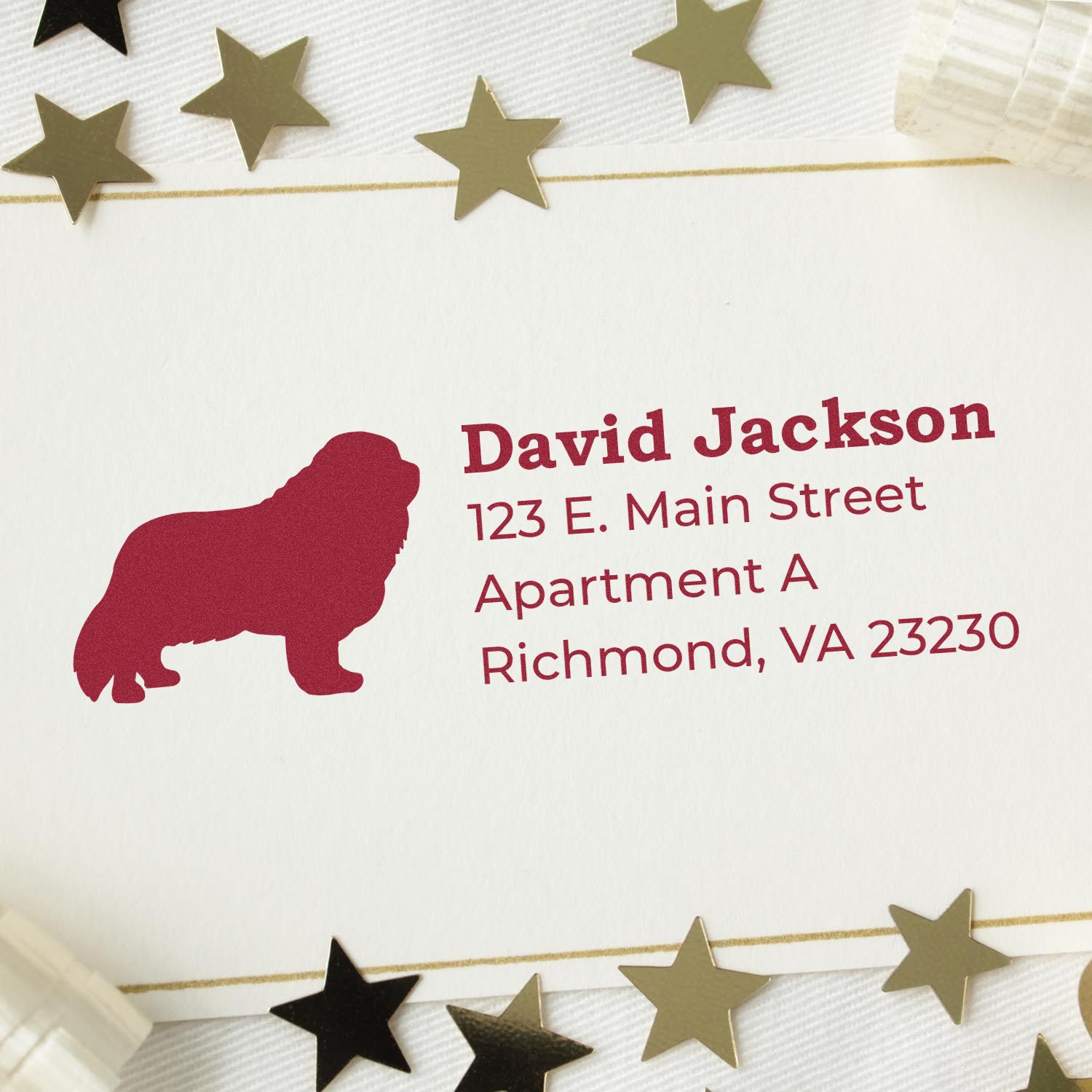 Custom dog return address rubber stamp with personalized name and mailing address for pet-lover envelopes.