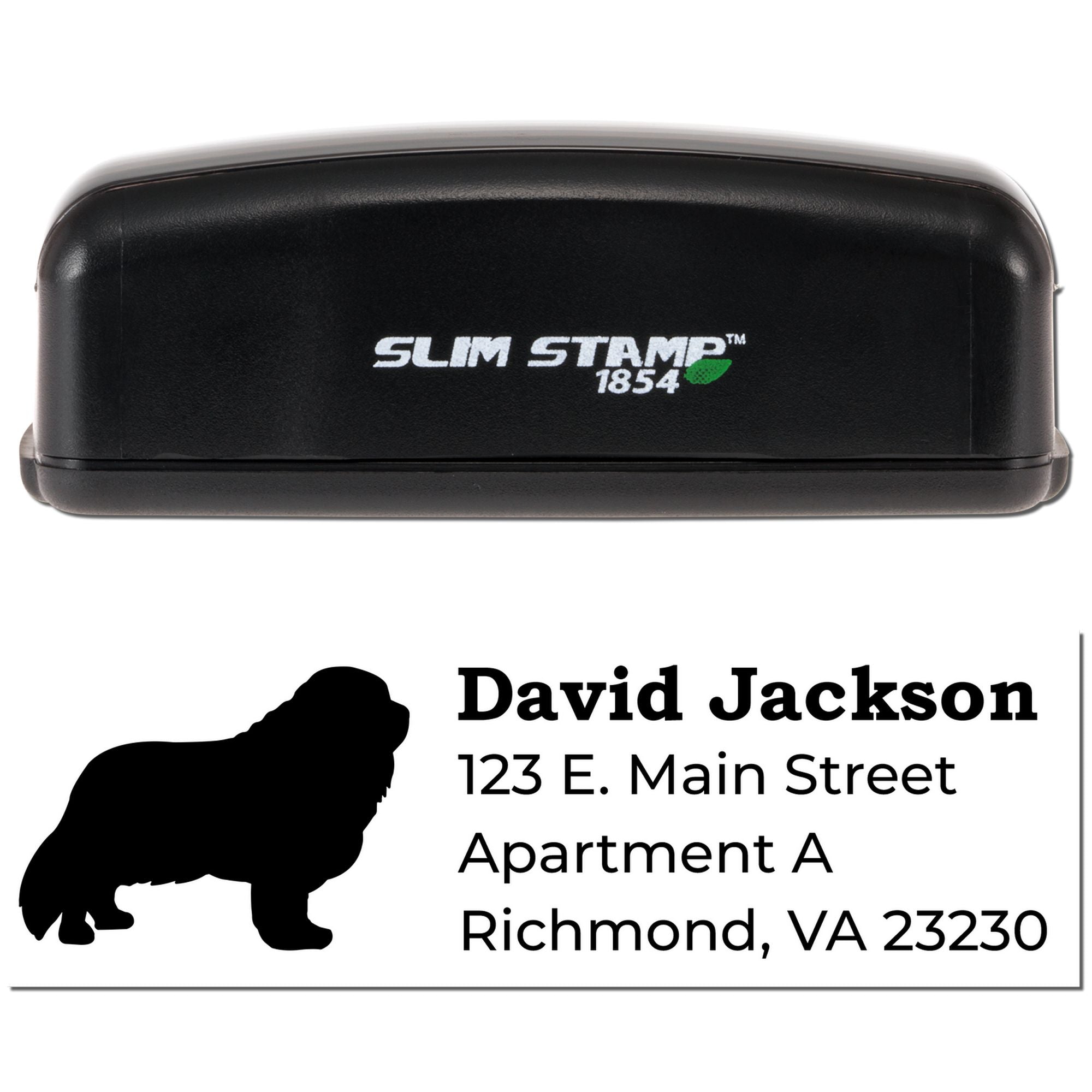 Slim Stamp 1854 self-inking custom address rubber stamp with dog silhouette for David Jackson, Richmond, VA.
