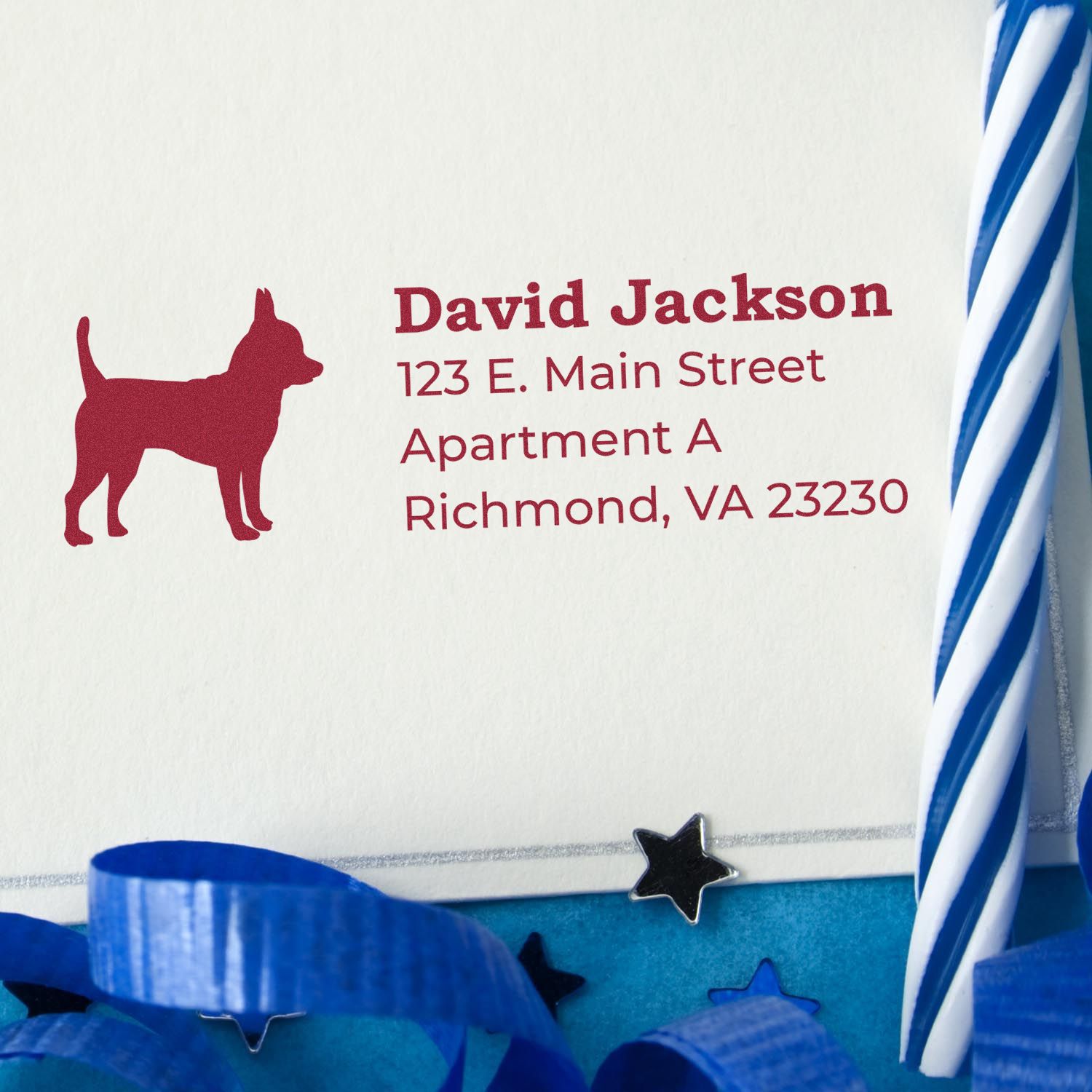 Custom dog return address rubber stamp with David Jacksons Richmond, VA address on an envelope for personalized mailing.