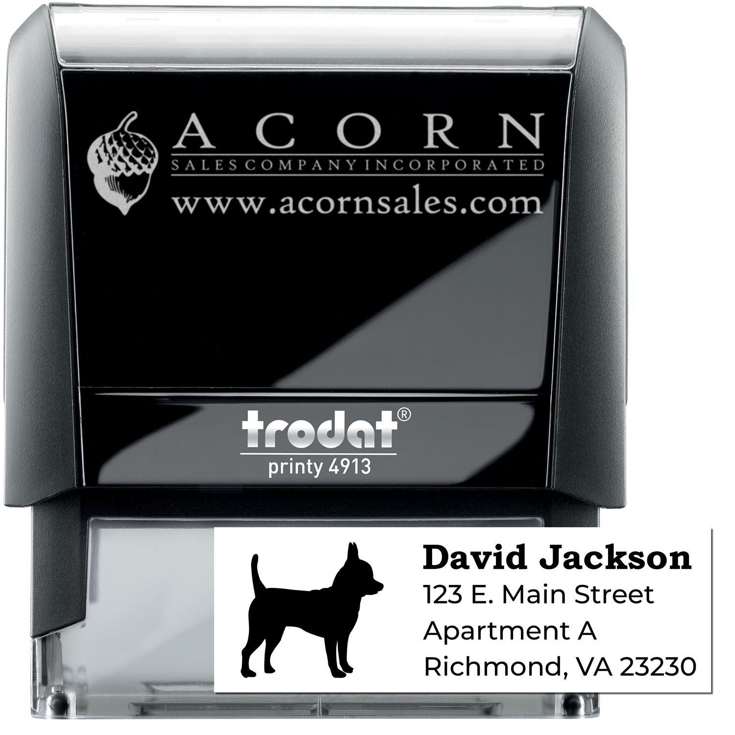 Trodat Printy 4913 custom self-inking rubber stamp with logo and address for business mailing and branding.