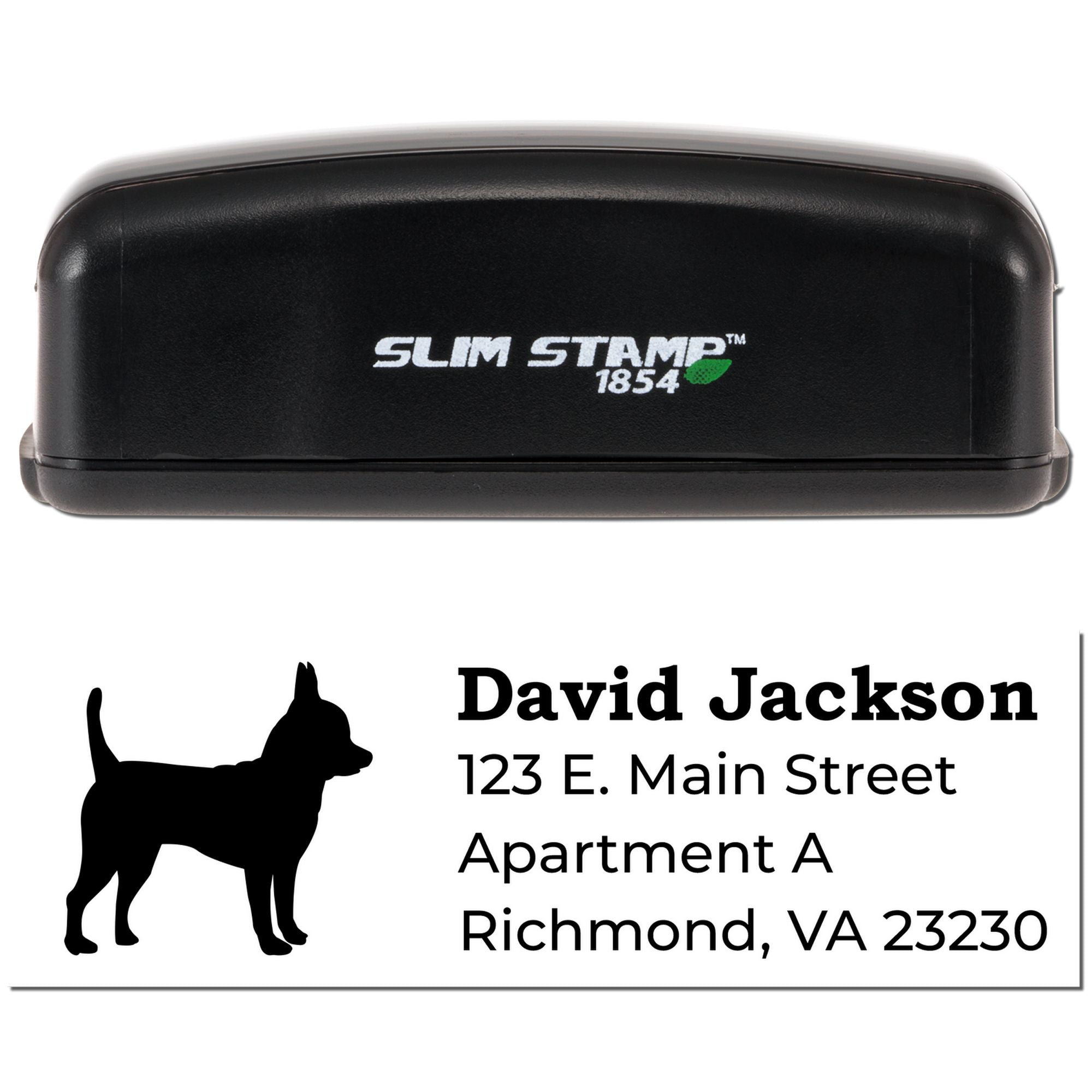Custom rubber address stamp with dog silhouette, personalized name and address, shown on Slim Stamp 1854 self-inking stamp.