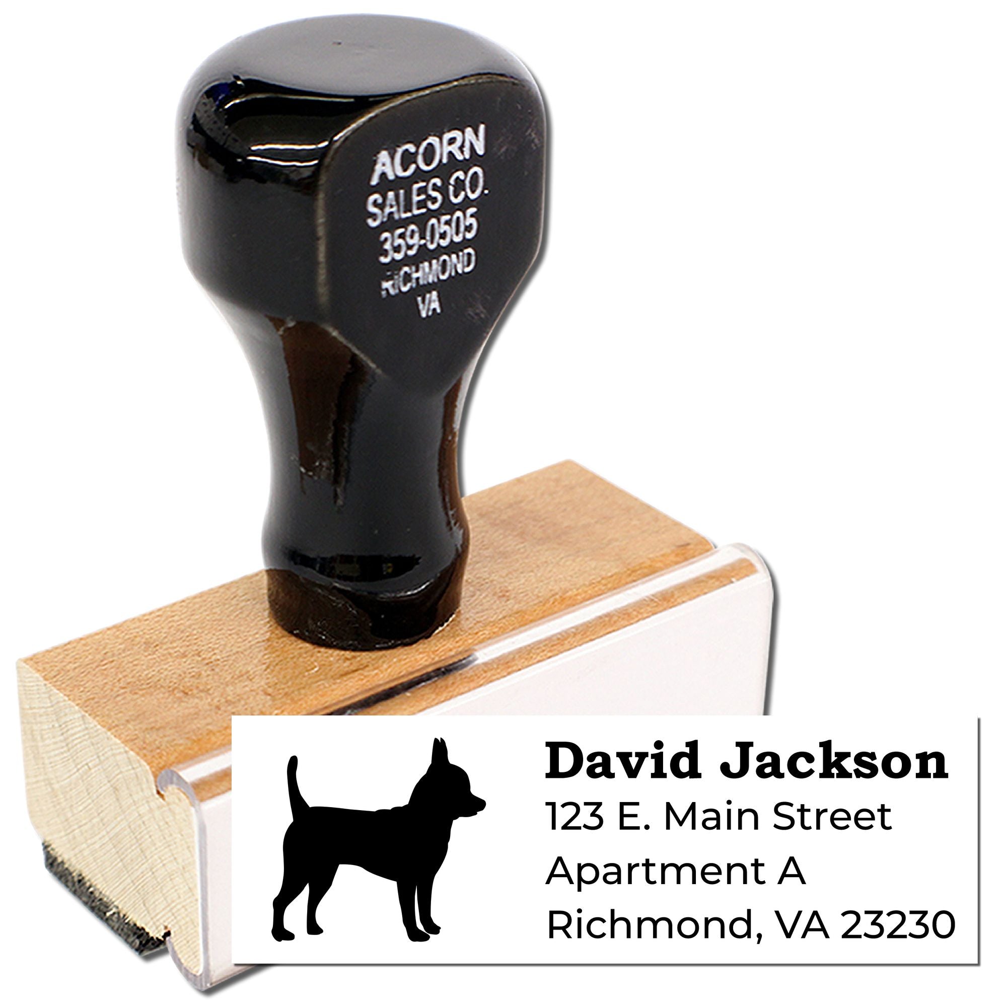 Custom address rubber stamp with dog silhouette for personalized mailing labels and envelopes.