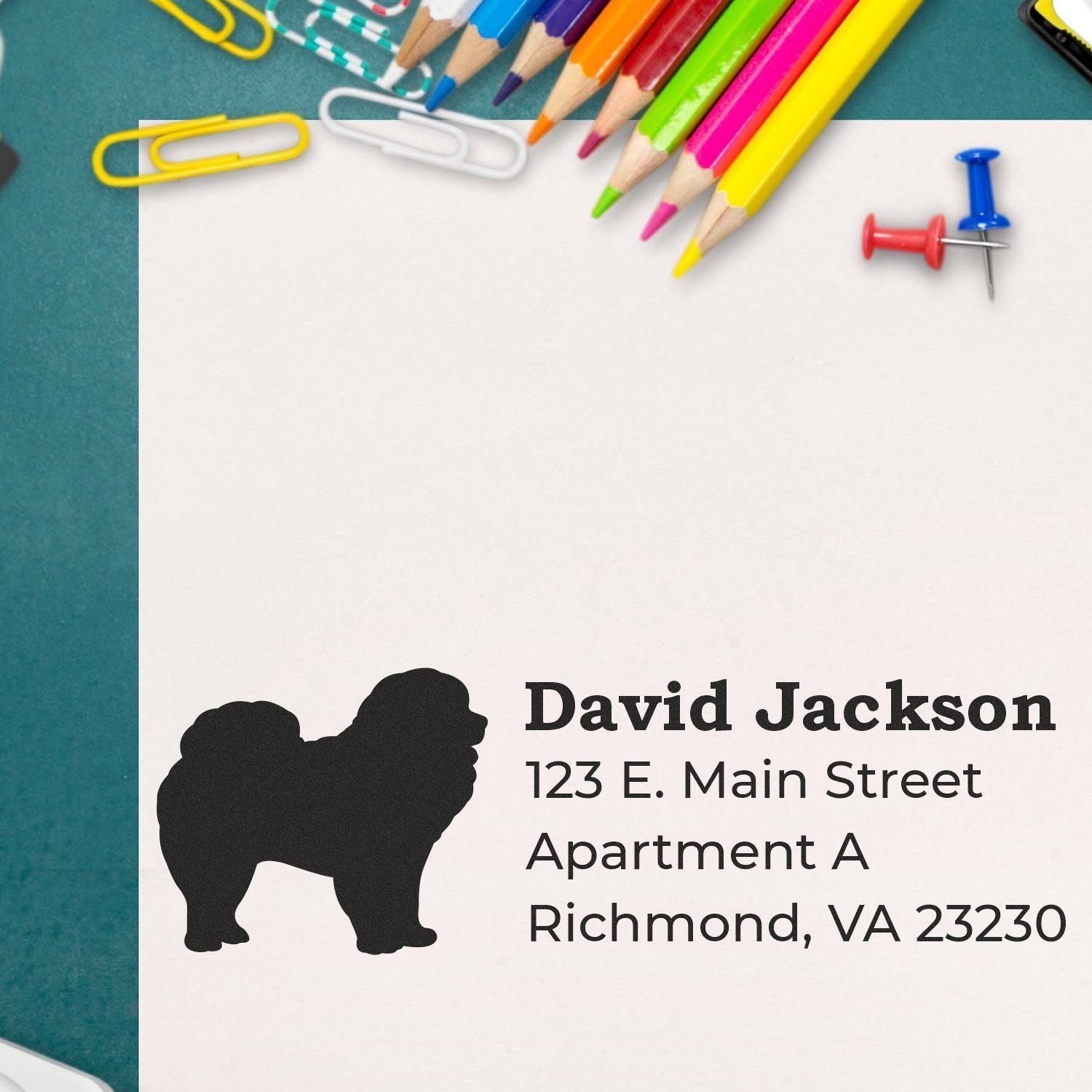 Personalized dog address rubber stamp with name and mailing address for pet-themed envelopes and stationery.
