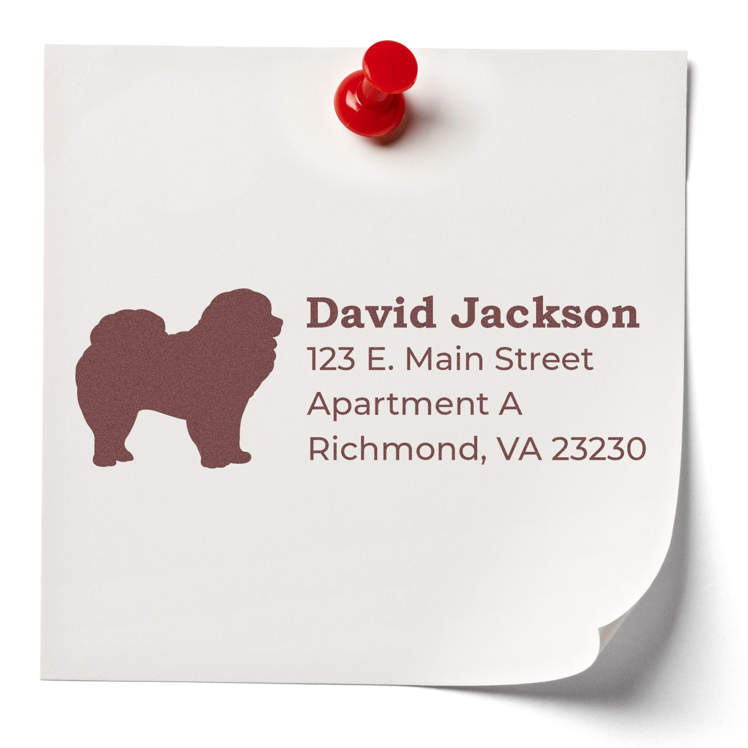 Custom return address rubber stamp with dog silhouette, showing David Jacksons Richmond, VA mailing address on an envelope.
