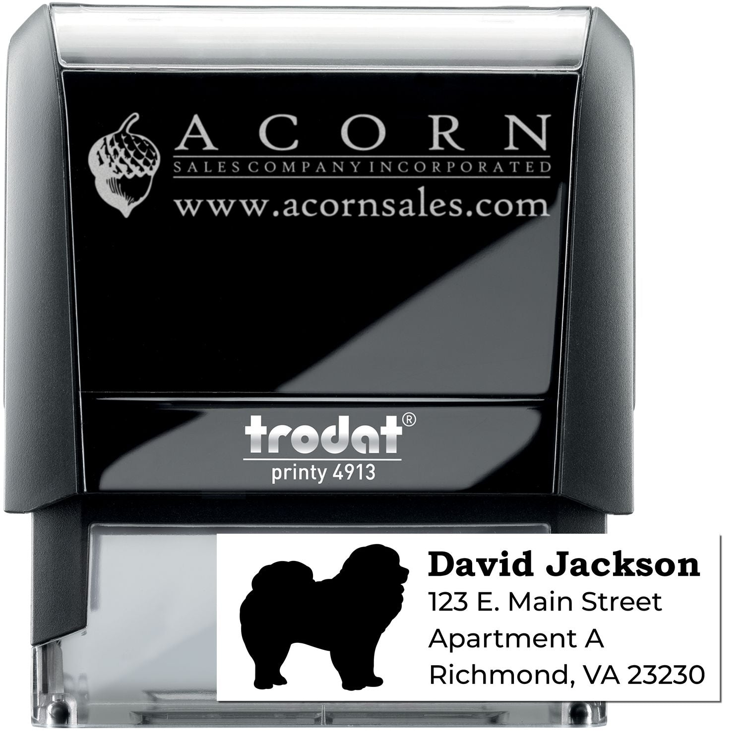 Custom self-inking rubber stamp with logo and return address, Trodat Printy 4913 for business mailing and branding.