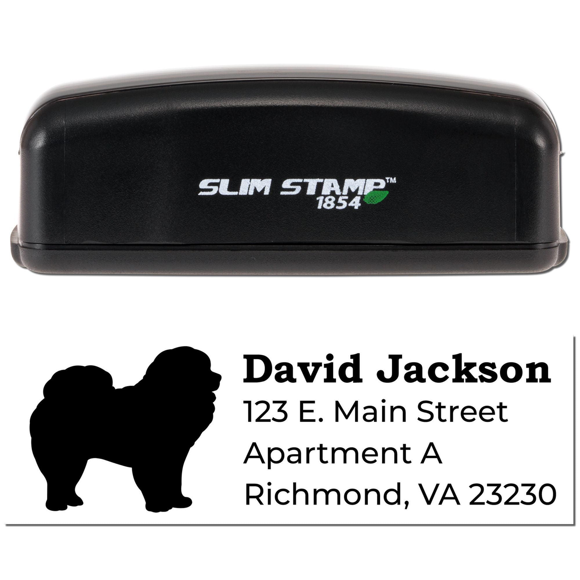 Slim Stamp 1854 self-inking personalized address rubber stamp with dog silhouette and sample mailing imprint