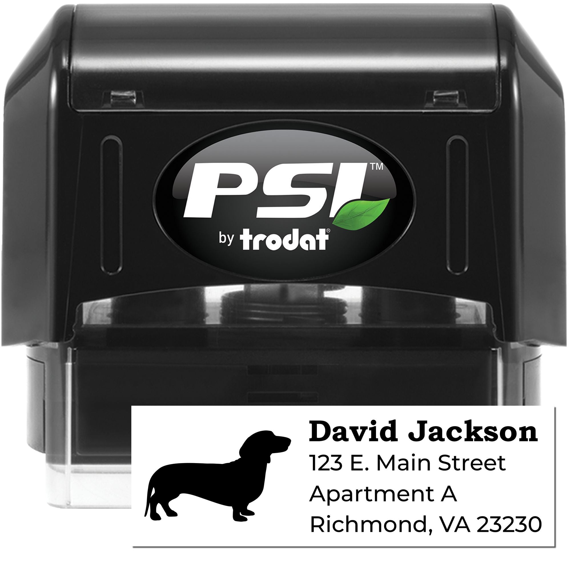 PSI by Trodat self-inking return address rubber stamp with dog silhouette and custom mailing details