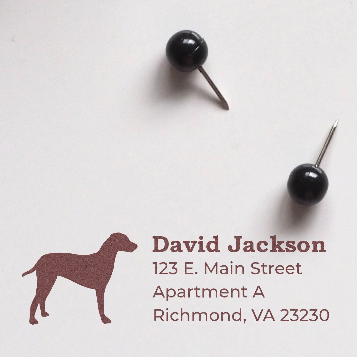 Custom return address rubber stamp with dog silhouette, ideal for pet-loving mailers and personalized stationery.