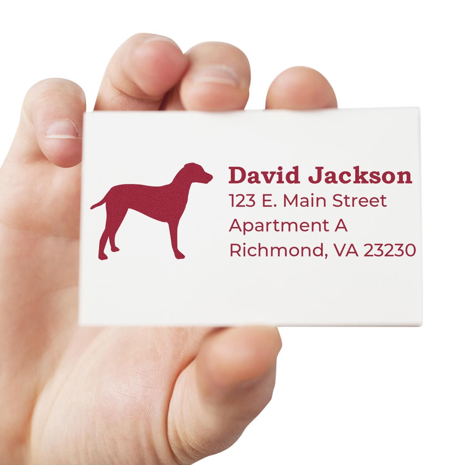 Personalized return address rubber stamp with dog silhouette for envelopes and mailing labels.