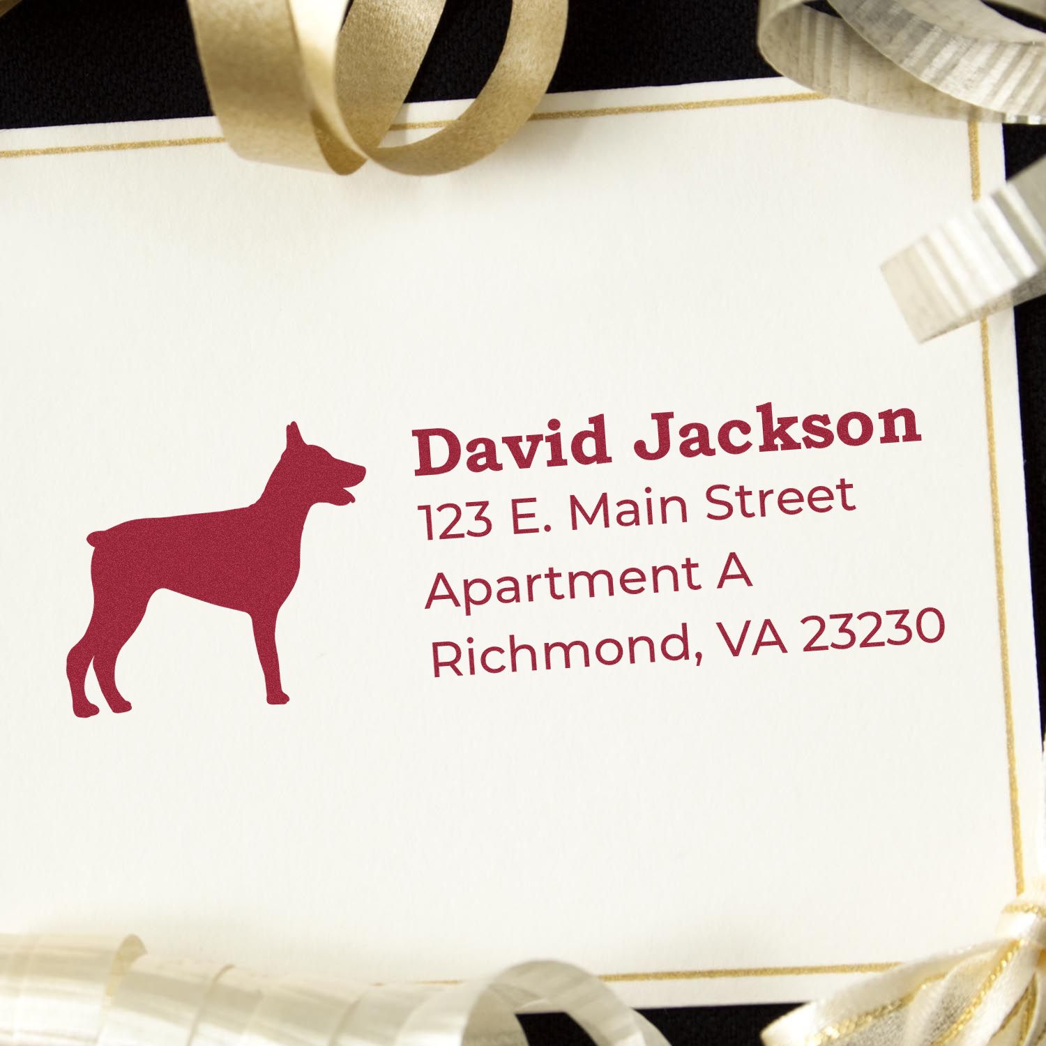 Personalized dog silhouette rubber stamp with return address for custom mailing labels and stationery.