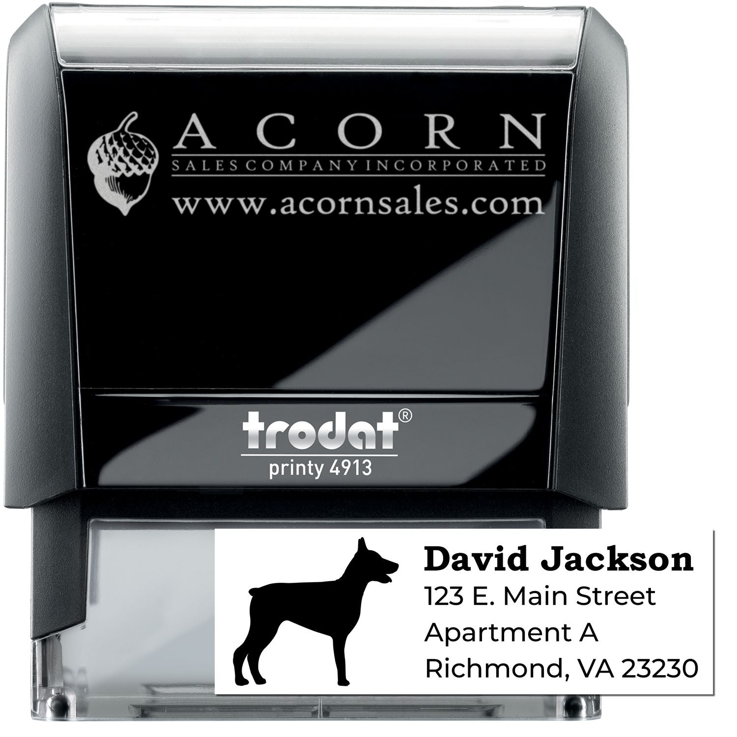 Trodat Printy 4913 custom rubber stamp with business logo and return address imprint.