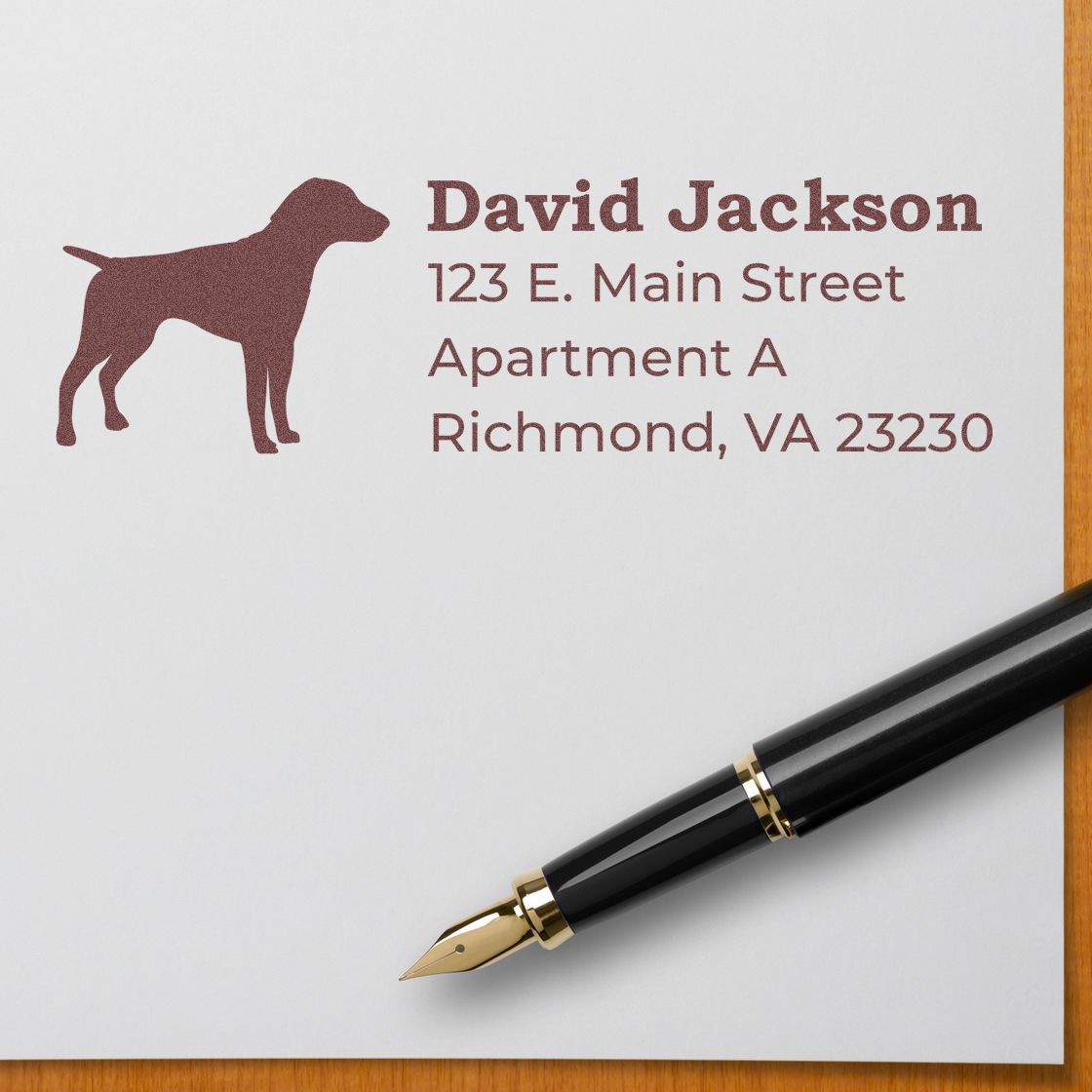 Custom rubber address stamp with dog silhouette for David Jackson, featuring Richmond, VA return address for personalized mail.