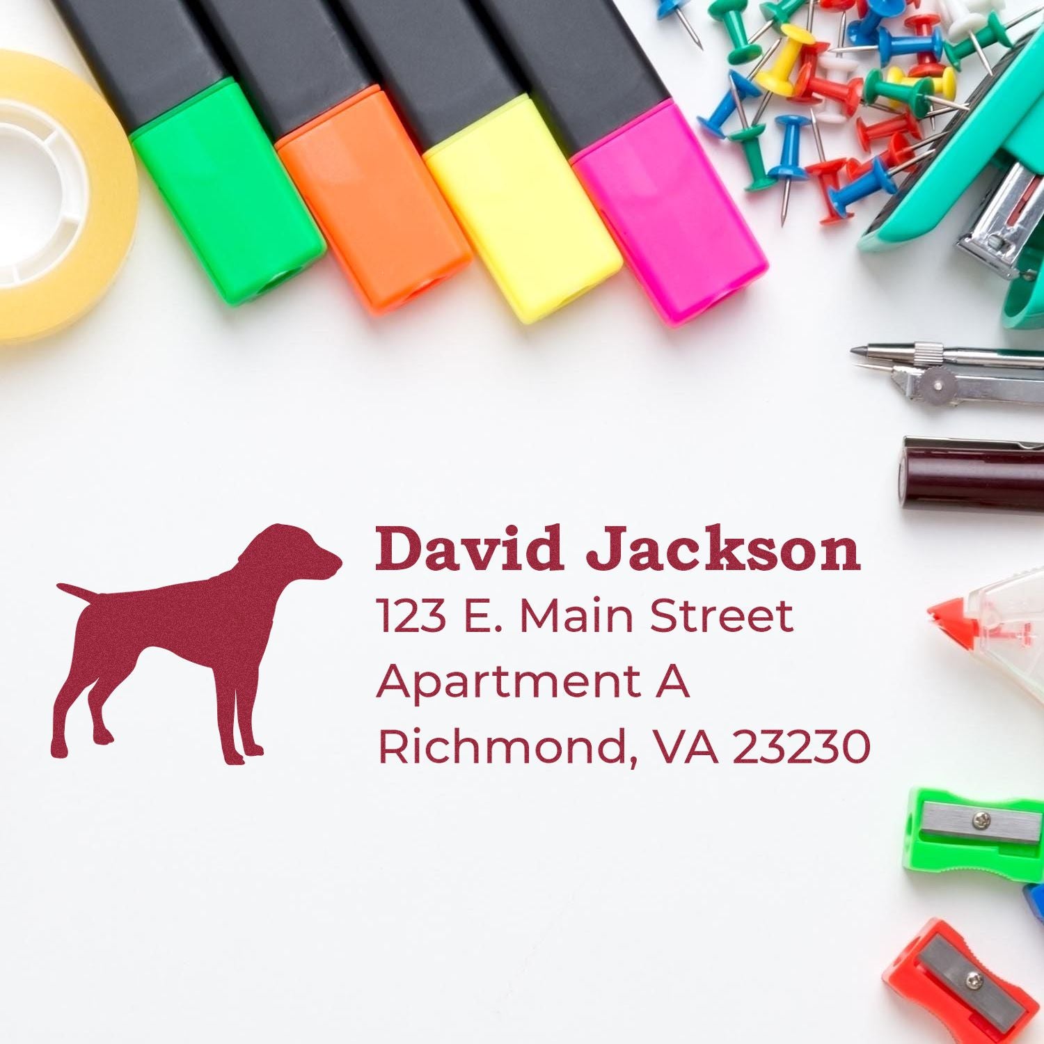 Custom return address rubber stamp with dog silhouette, name, and Richmond, VA mailing address.