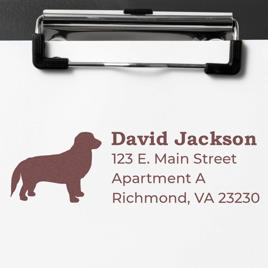 Personalized rubber return address stamp with dog silhouette for David Jackson, Richmond VA mailing labels and envelopes.
