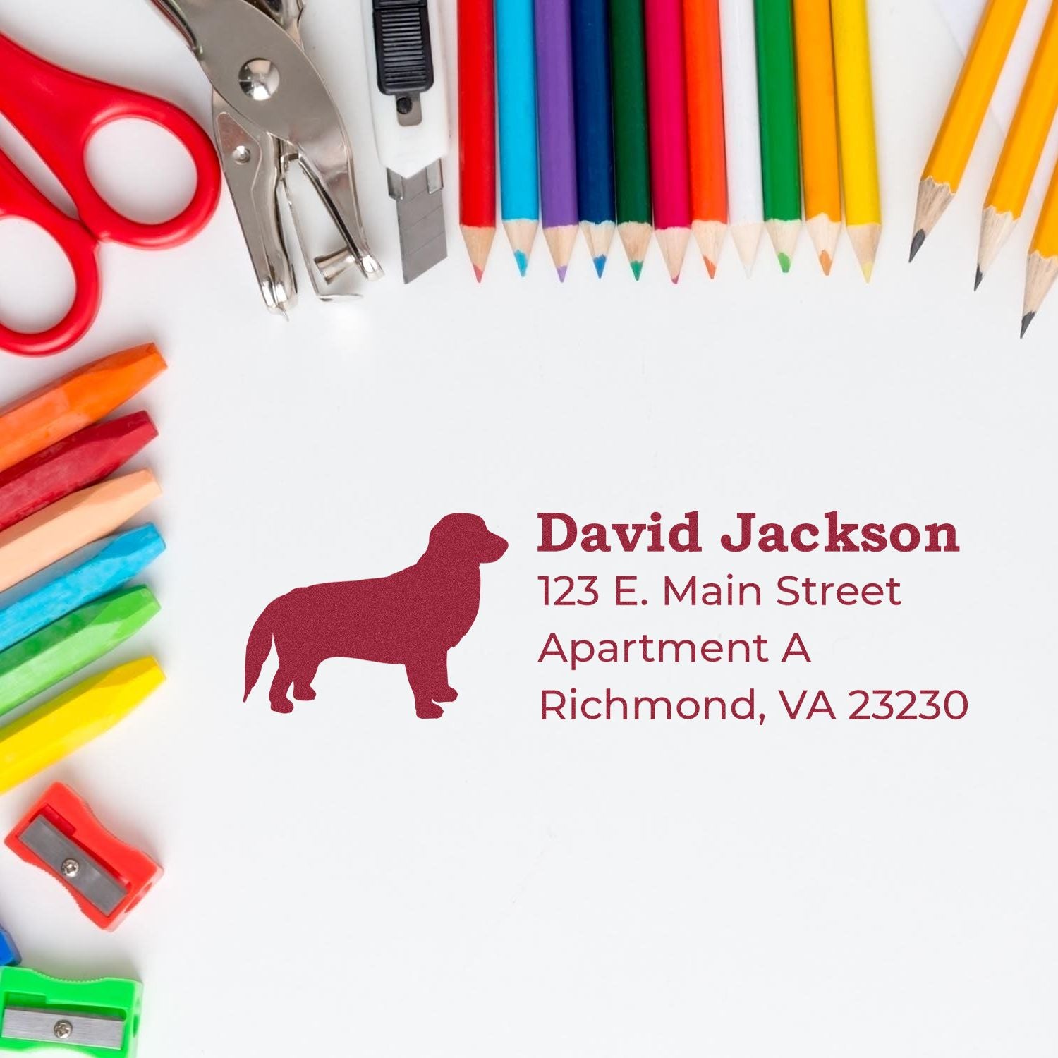 Custom return address rubber stamp with dog silhouette, name, and Richmond, VA address for pet lovers.