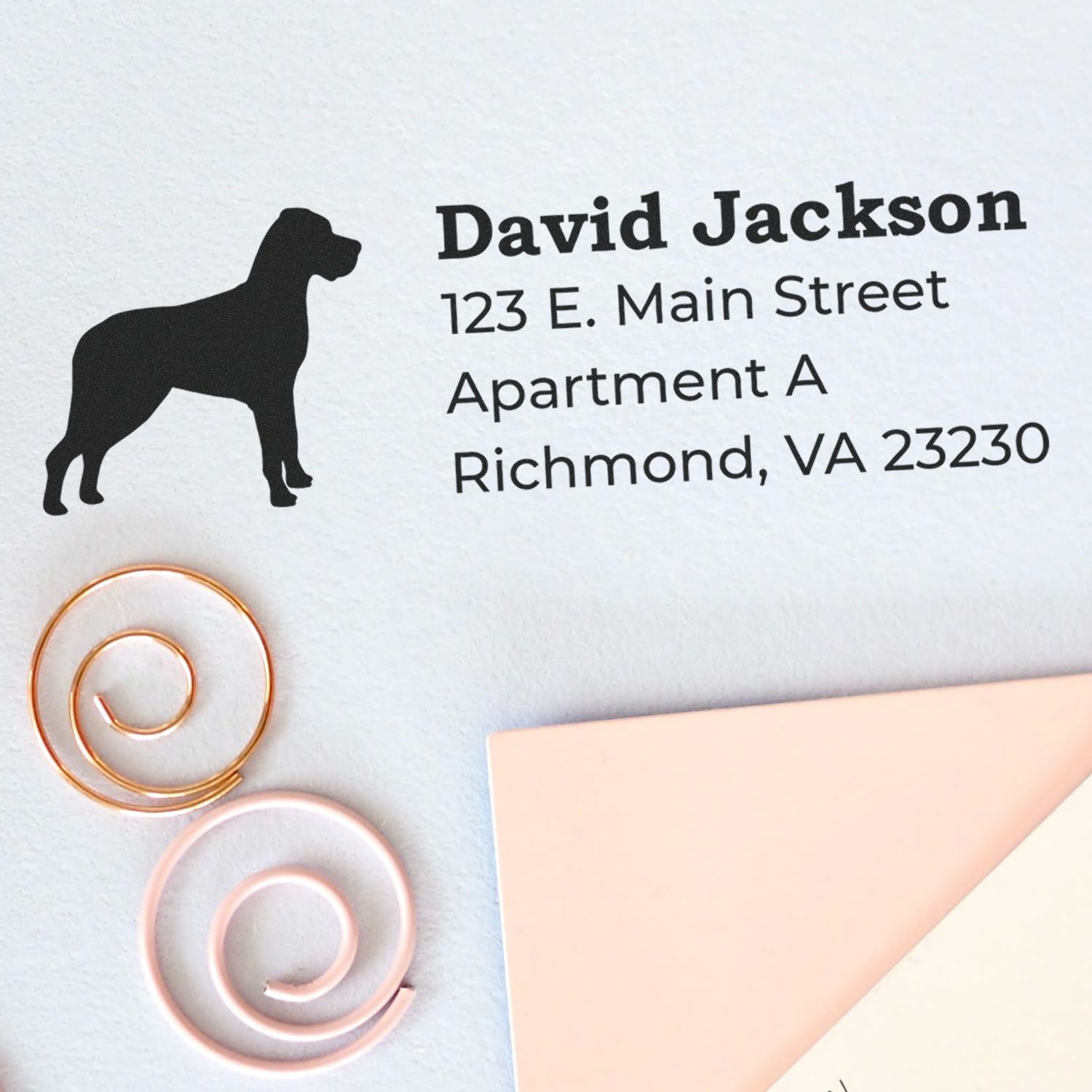 Custom return address rubber stamp with dog silhouette, name, and Richmond, VA address for envelopes and mailings.