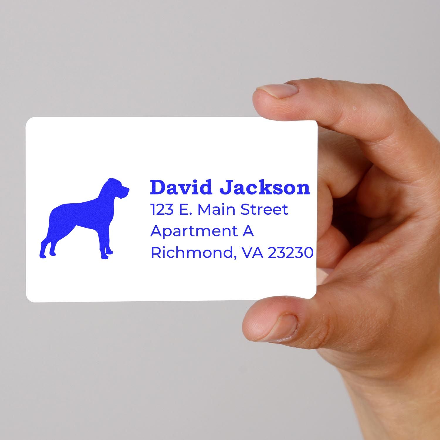 Custom rubber stamp design with dog silhouette and return address for David Jackson in Richmond, VA.