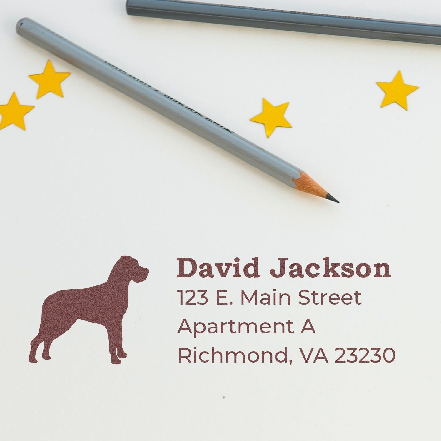 Custom dog return address rubber stamp with name and Richmond, VA mailing address for personalized envelopes.