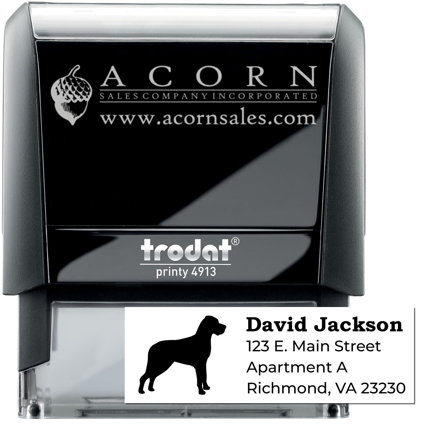 Trodat Printy 4913 self-inking rubber stamp with custom logo and address imprint for business mailing.
