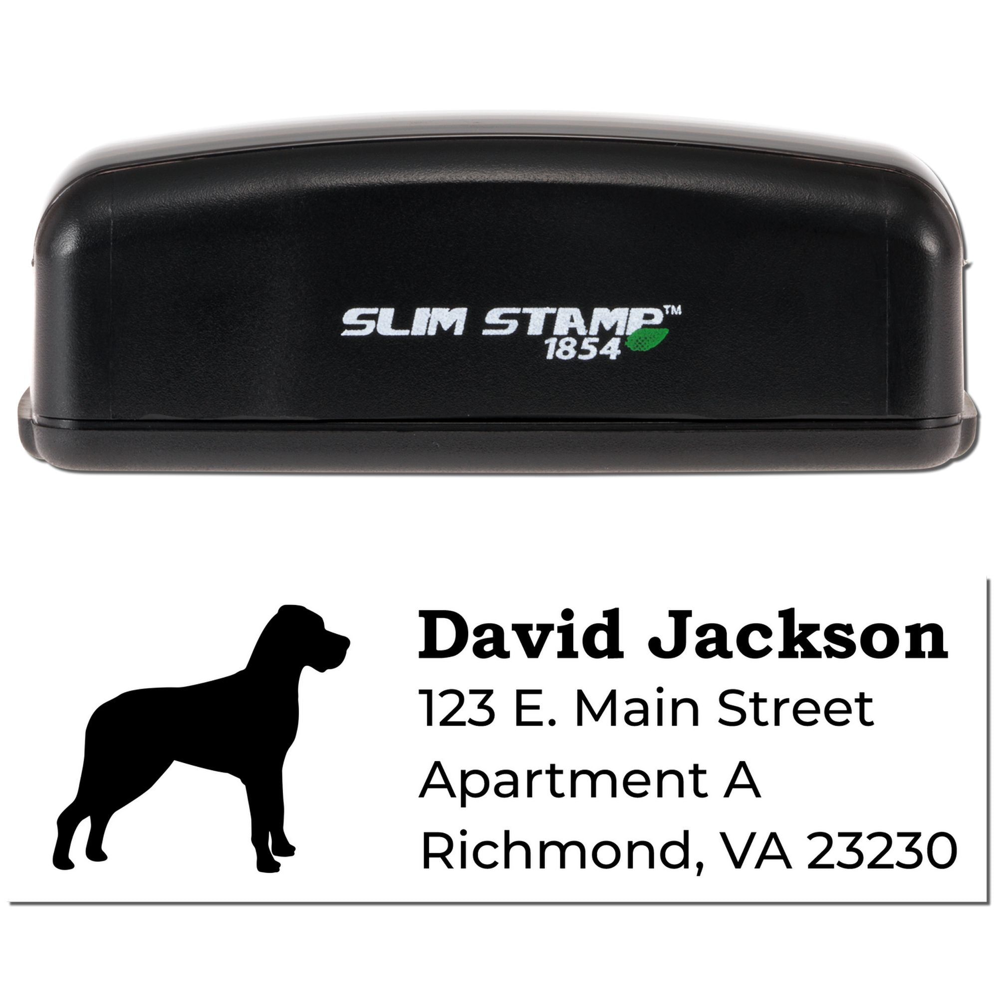 Slim Stamp 1854 self-inking custom address rubber stamp with dog silhouette, ideal for personalized return addresses.