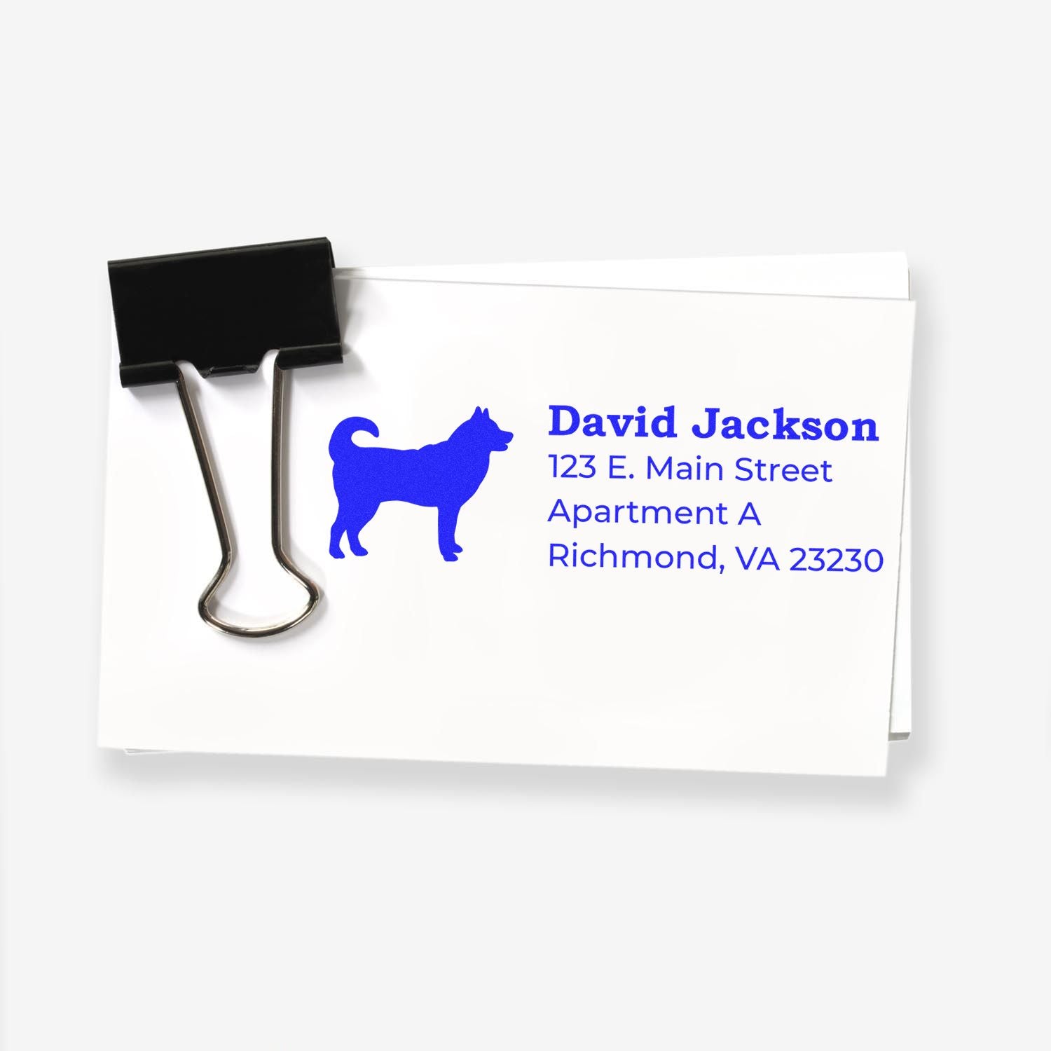 Custom dog logo return address rubber stamp for envelopes and stationery, personalized with name and address.