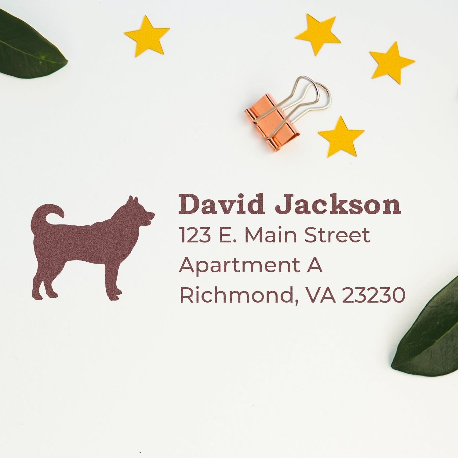 Personalized dog address rubber stamp with name and Richmond, VA address for custom return mail and pet-themed stationery.