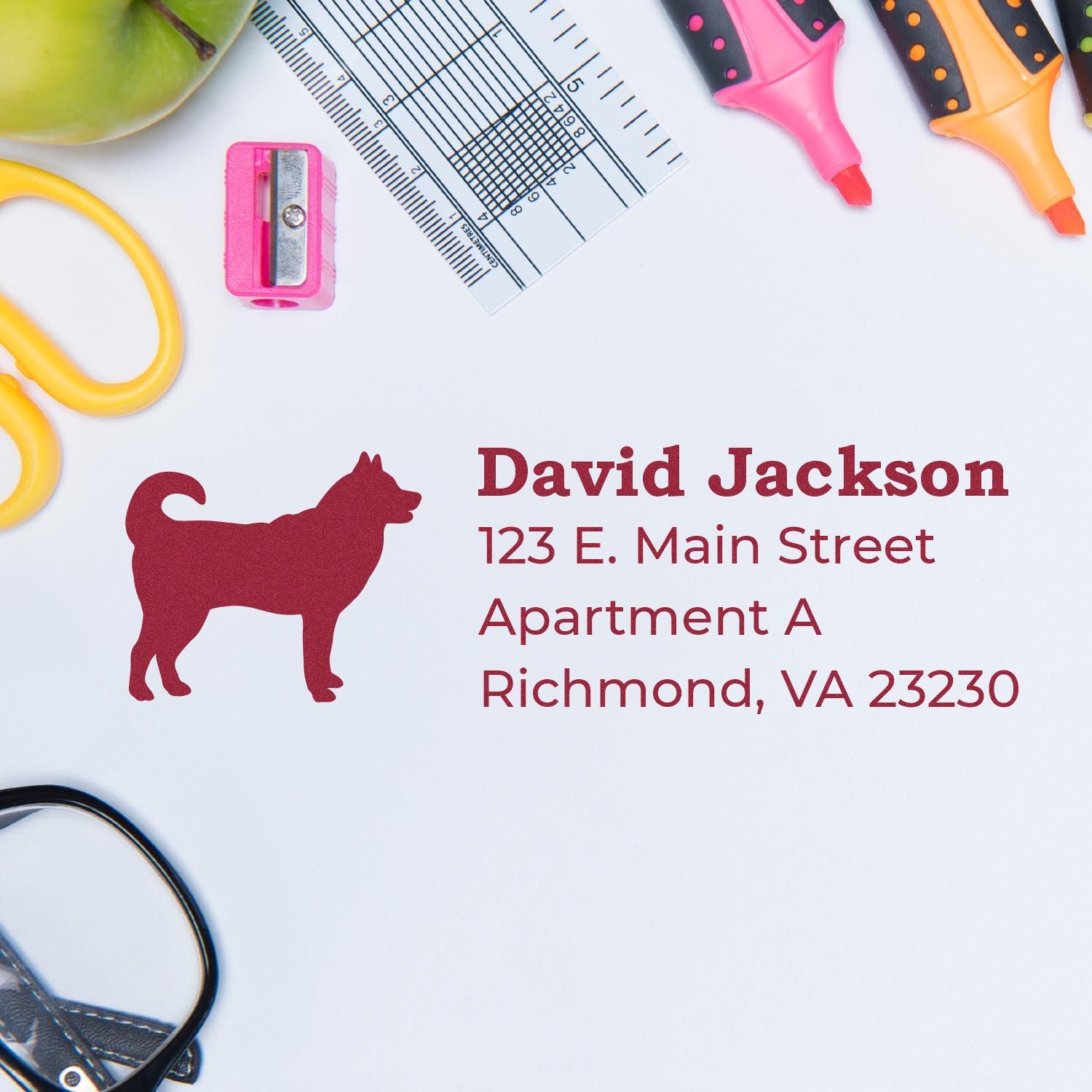 Personalized rubber address stamp with dog silhouette for David Jackson, Richmond VA return address