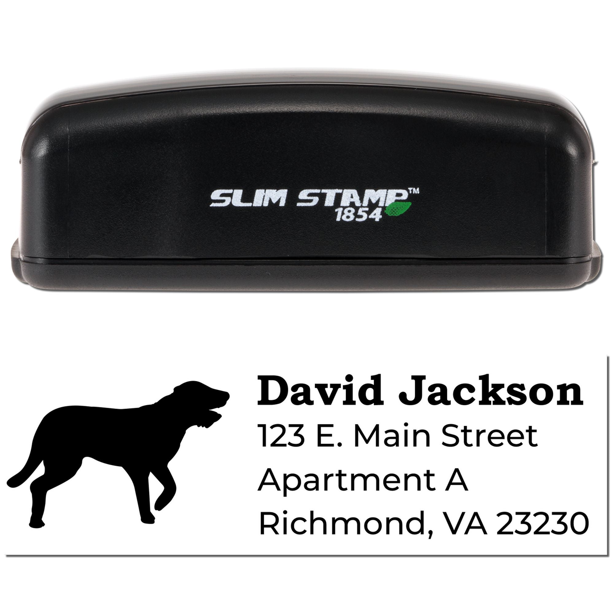 Personalized return address rubber stamp with dog silhouette, name, and Slim Stamp 1854 self-inking case.