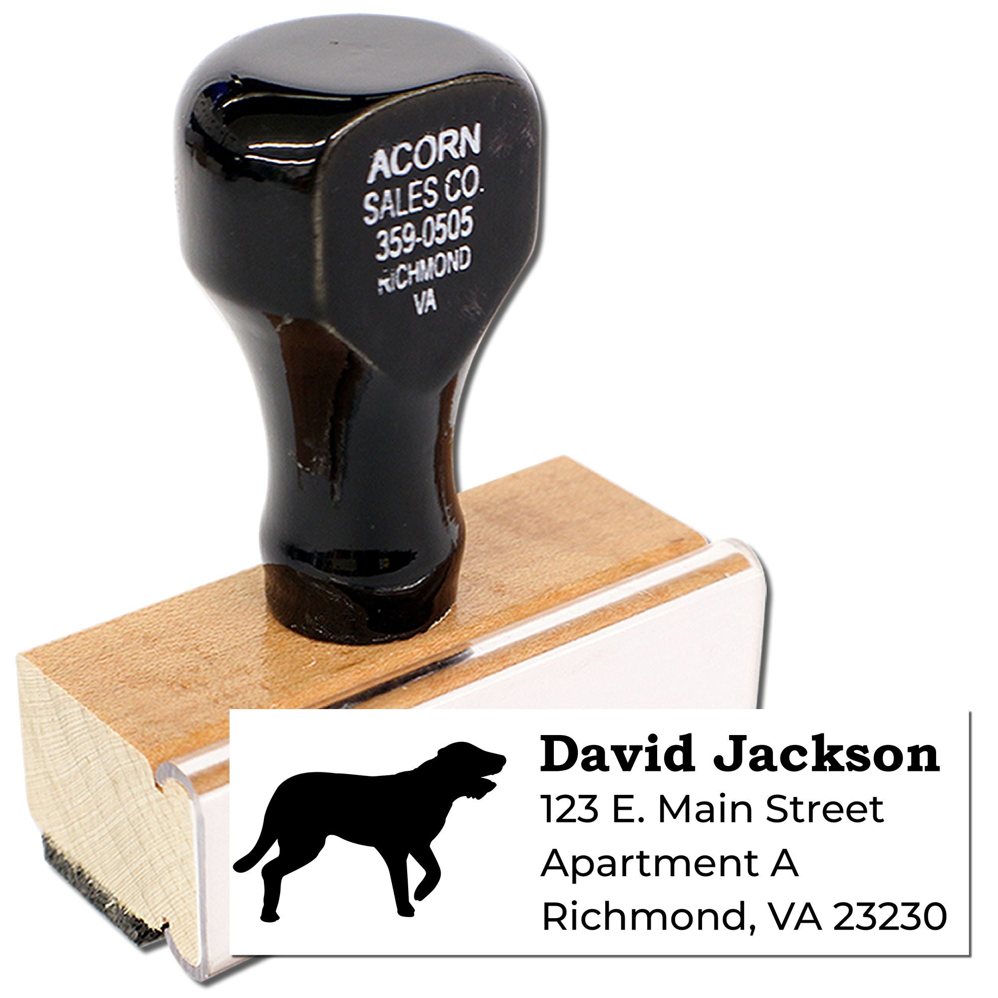 Personalized dog address rubber stamp with name, street address, and Richmond, VA return address.