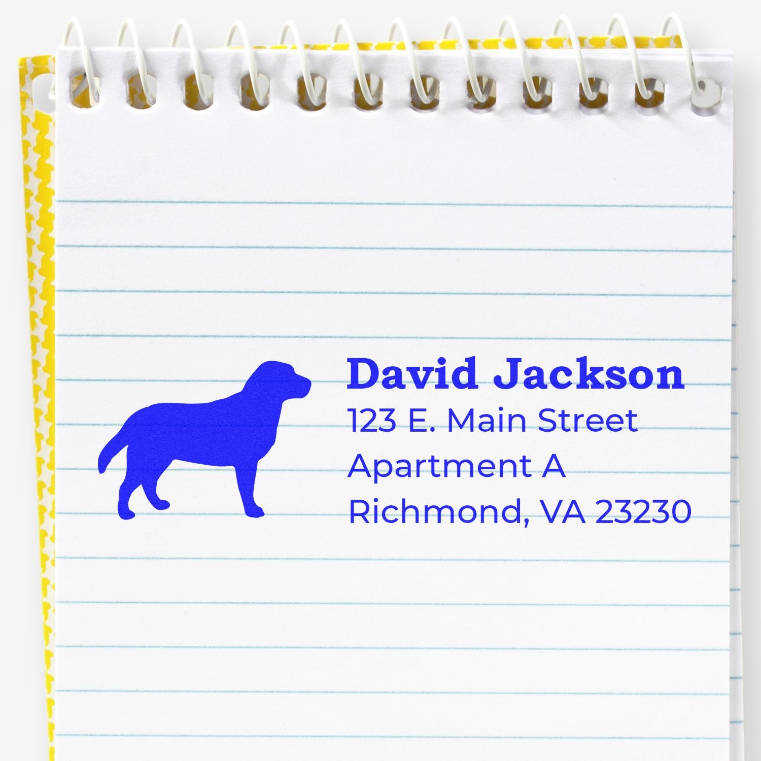 Custom address rubber stamp with dog logo for David Jackson, Richmond VA mailing and return address.