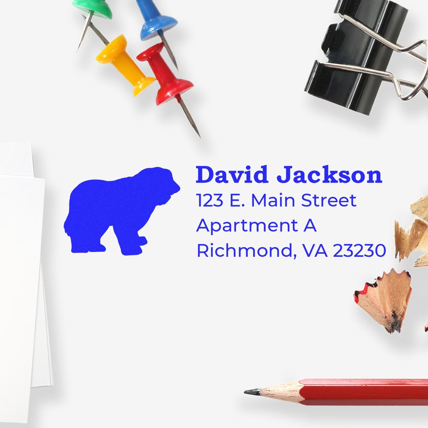 Custom return address rubber stamp for David Jackson with bear logo, Richmond, VA 23230, for mail and office use.