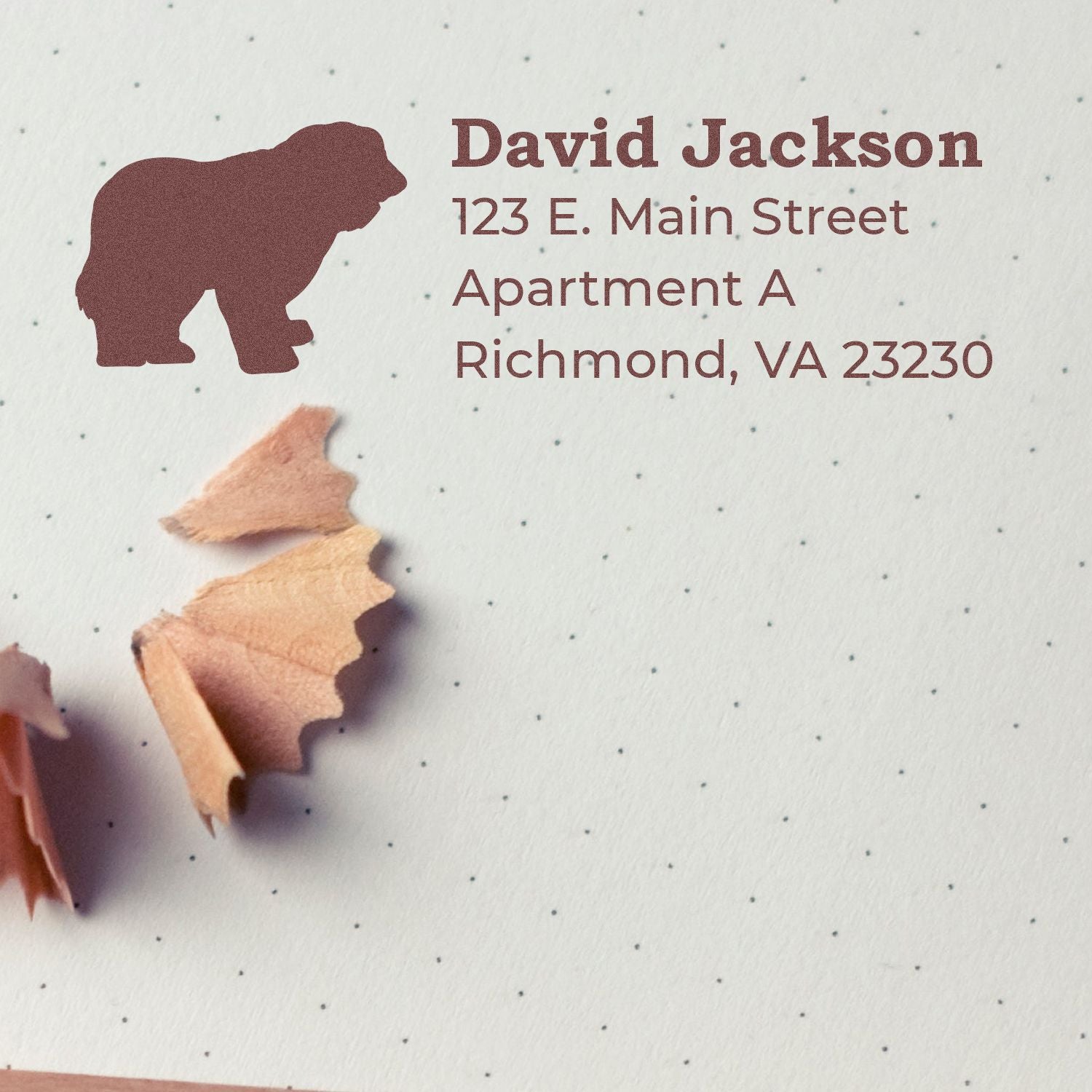Custom bear return address rubber stamp for envelopes with name and Richmond, VA 23230 mailing address
