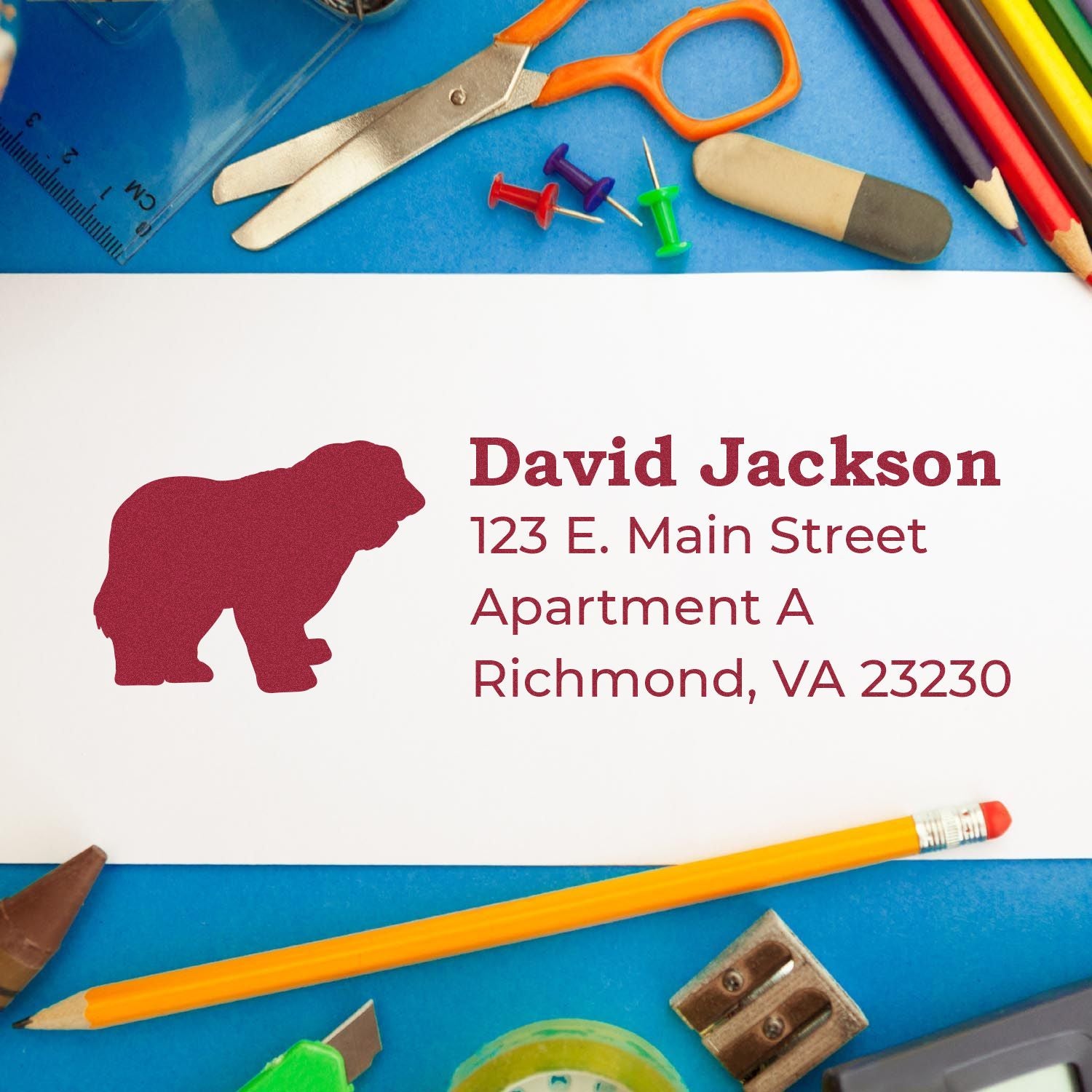 Personalized return address rubber stamp with bear silhouette for David Jackson, Richmond, VA 23230.