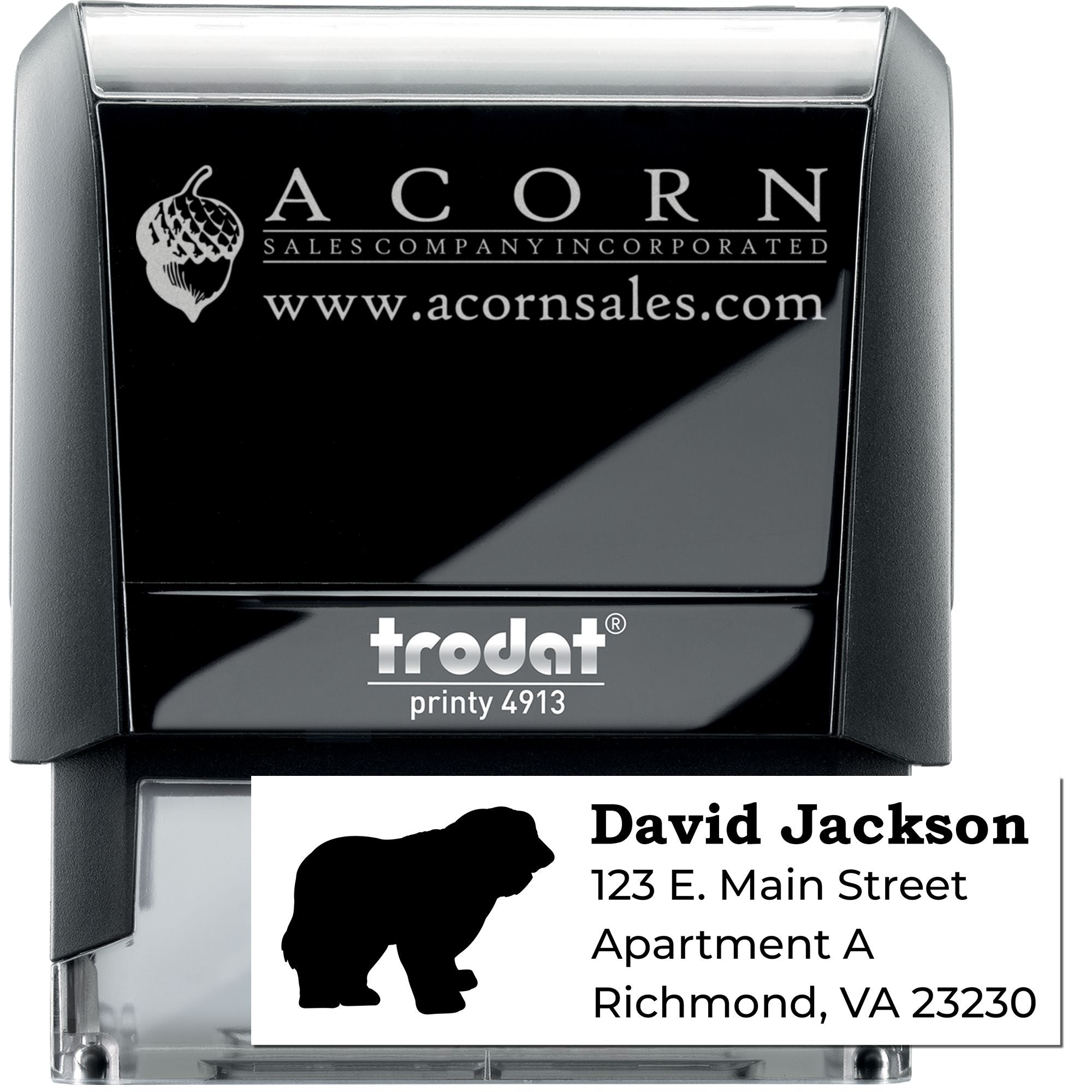 Custom self-inking rubber stamp for business logo and address, Trodat Printy 4913 personalized stamp