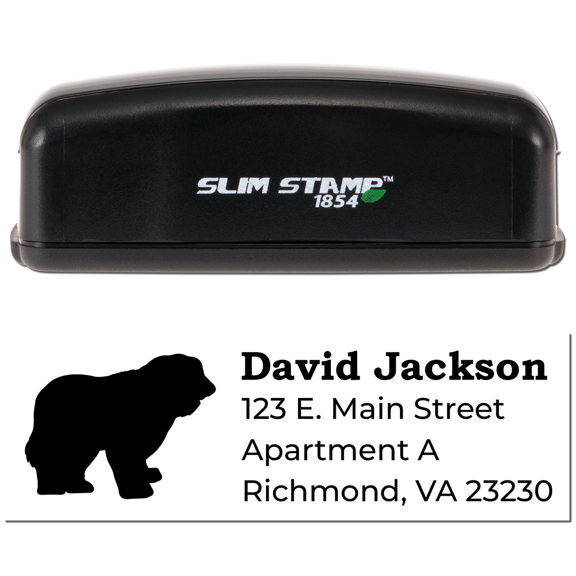 Personalized address rubber stamp with bear logo, David Jackson name, and Richmond VA address, shown in Slim Stamp 1854 case.