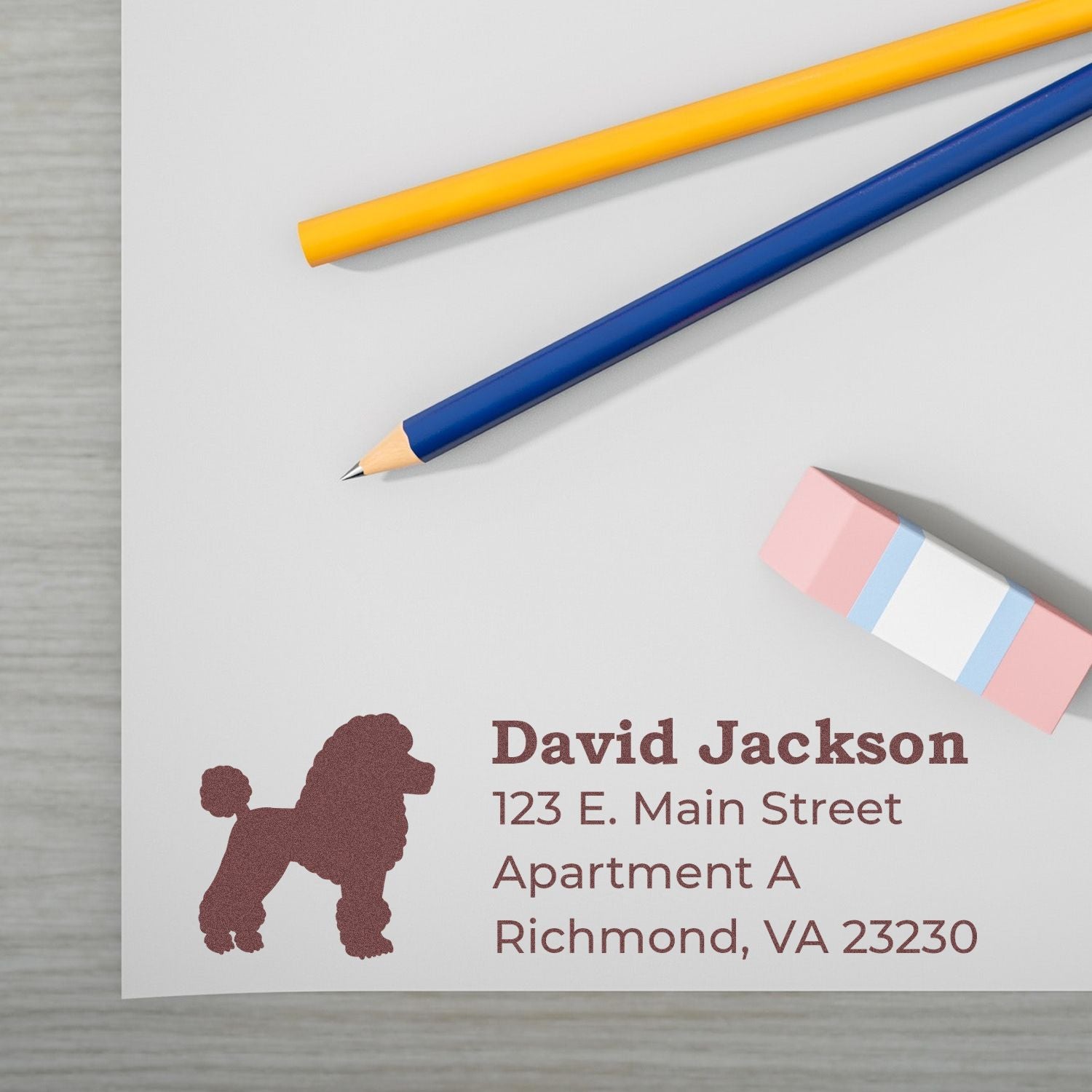Custom poodle address rubber stamp for personalized stationery and mailing, showing name and Richmond, VA address