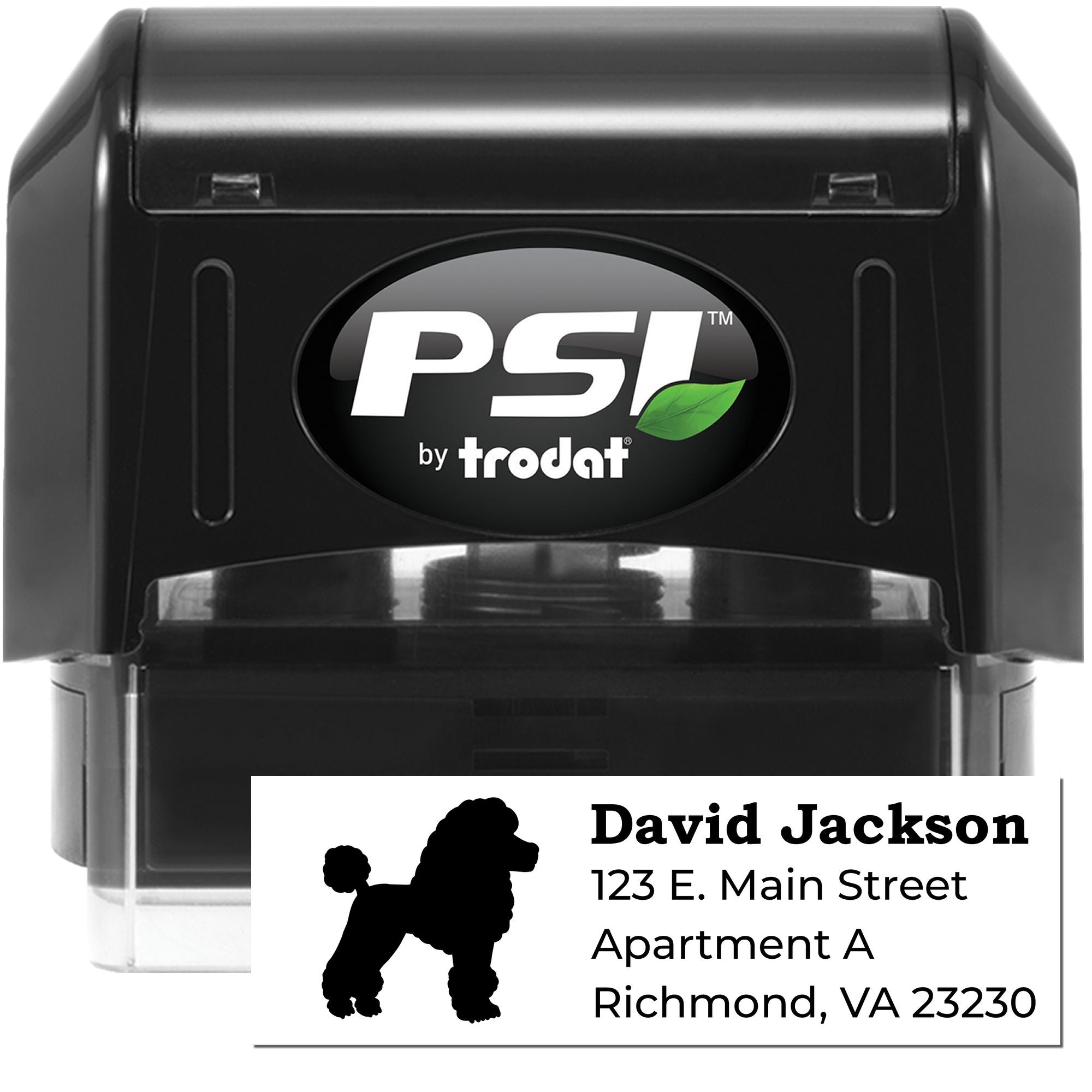 PSI by Trodat custom self-inking rubber address stamp for dog lovers, with poodle silhouette and personalized name and address.