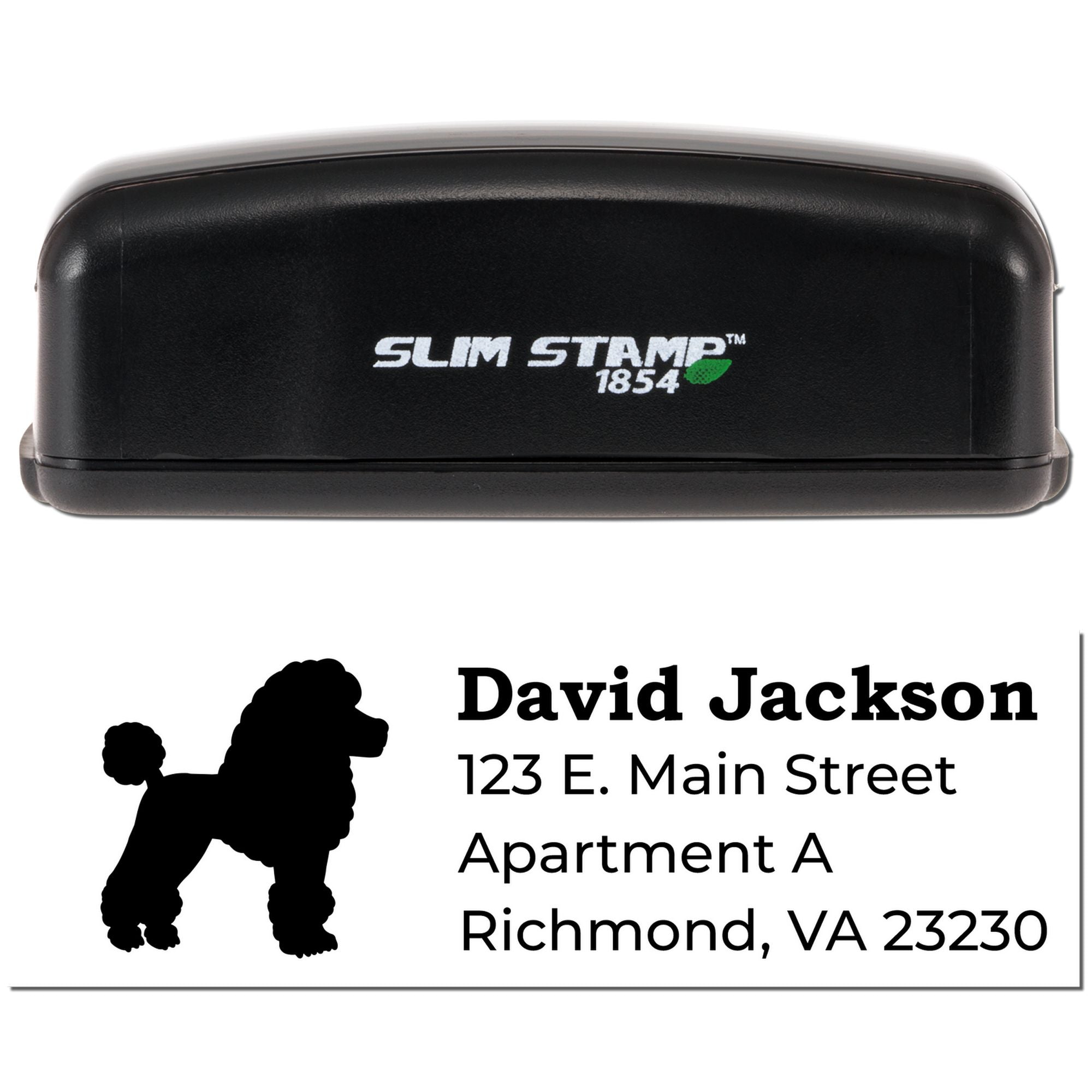 Slim Stamp 1854 personalized self-inking rubber address stamp with poodle silhouette, custom name, and mailing address