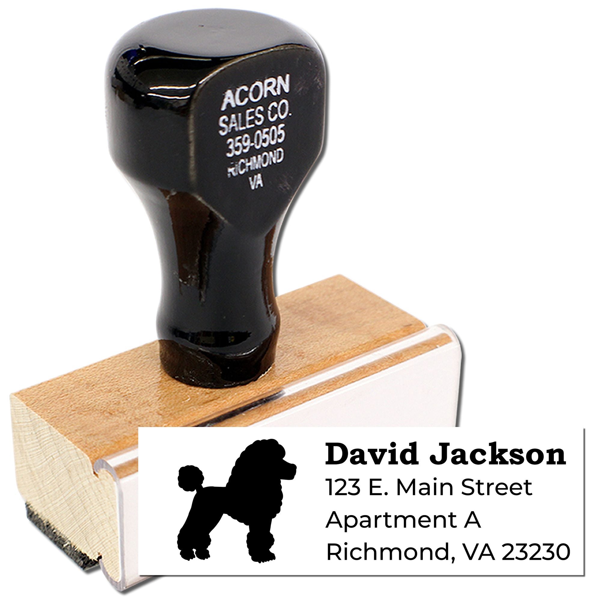 Personalized address rubber stamp with poodle logo for David Jackson, Richmond, VA.