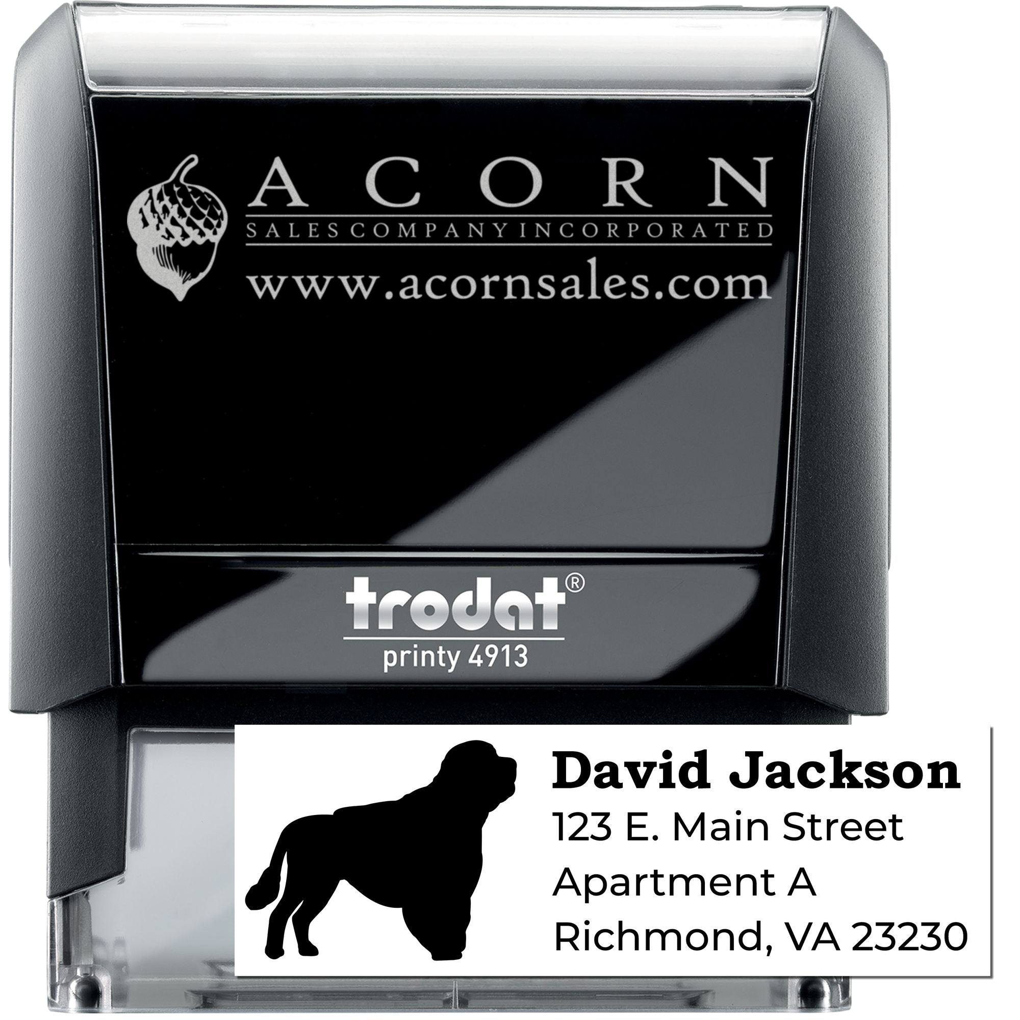 Trodat Printy self-inking custom rubber stamp with Acorn Sales logo and return address imprint sample for business mailing