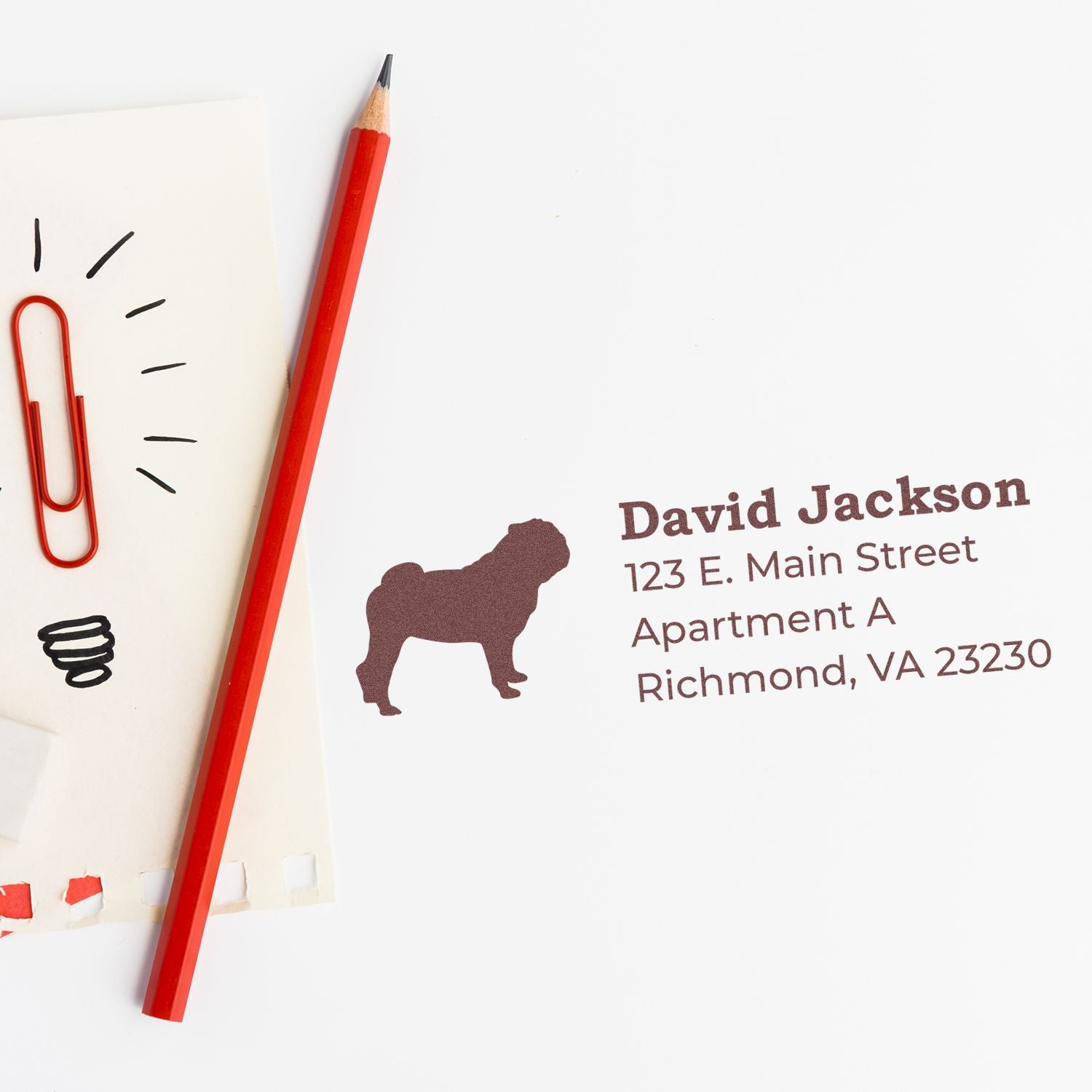 Custom return address rubber stamp with dog silhouette for envelopes, showing David Jackson mailing address.