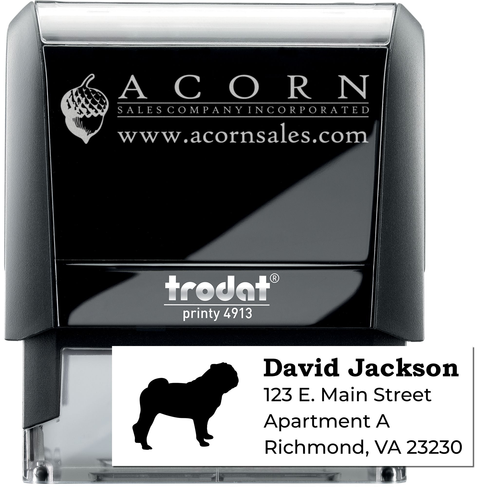 Custom self-inking rubber address stamp for business logos and return addresses, shown on Trodat Printy 4913.