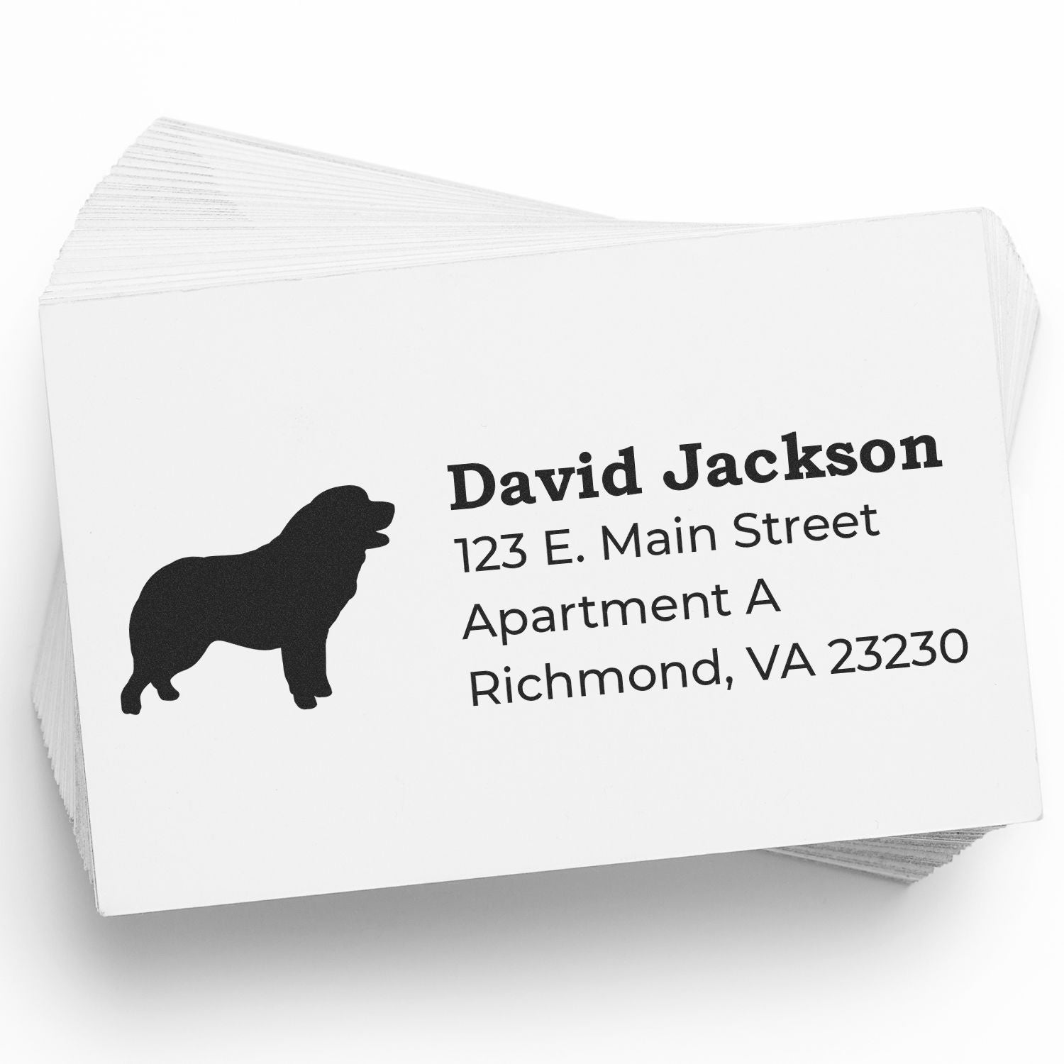 Custom dog return address rubber stamp design with name, street, and Richmond, VA address for mailing labels.