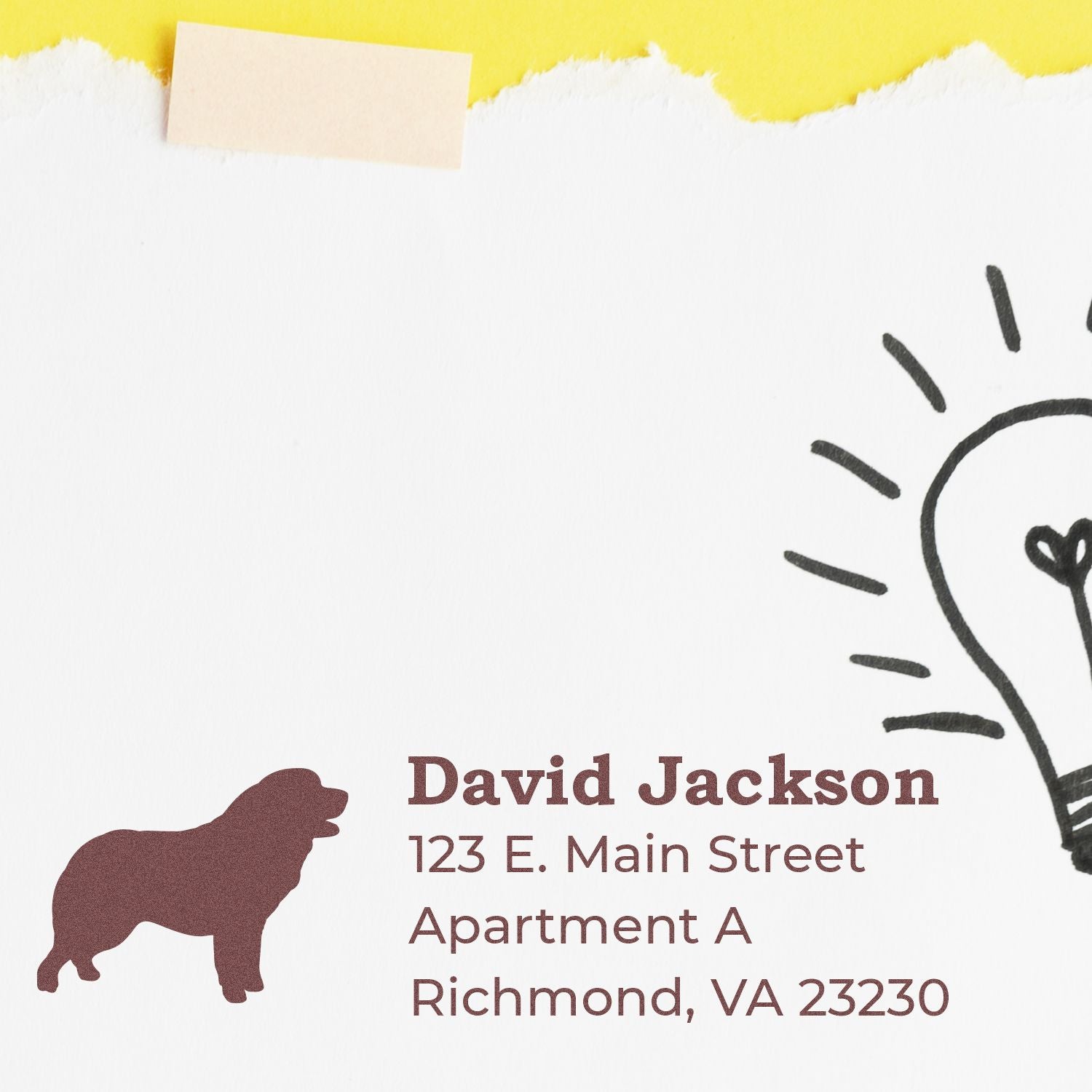 Custom return address rubber stamp with dog icon, showing David Jackson mailing address for envelopes.